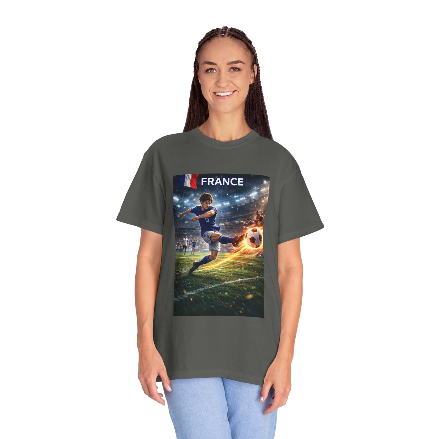France Soccer Player Graphic T-Shirt — Football Kick Stadium Design