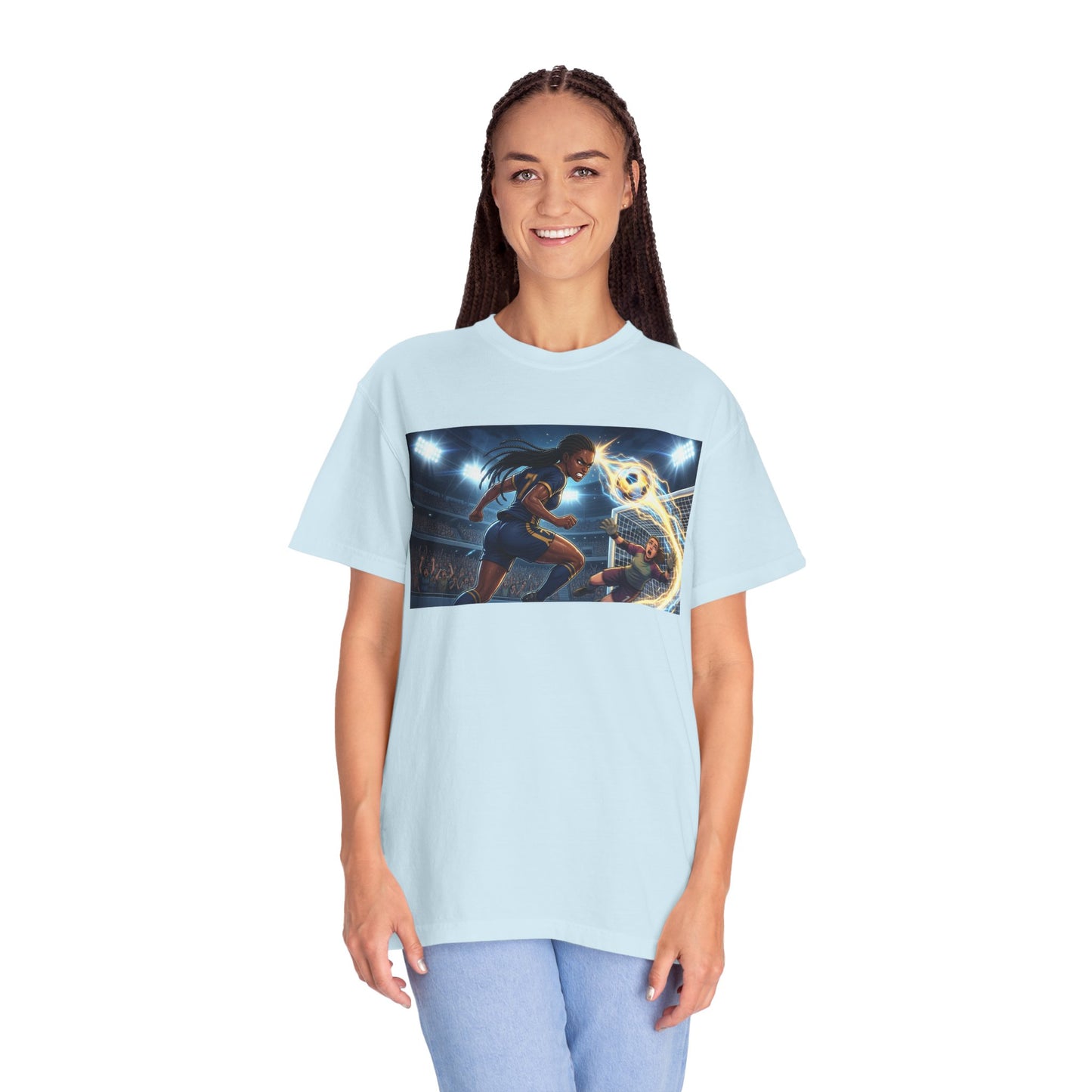Soccer Duel Graphic T-Shirt — Futuristic Goalkeeper vs Striker Stadium Print