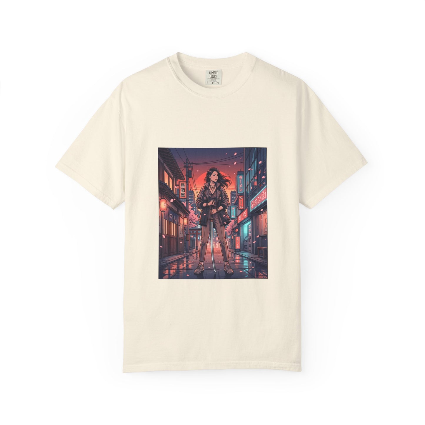 Cyberpunk Night Streets T‑Shirt — Neon Samurai Girl Graphic Tee