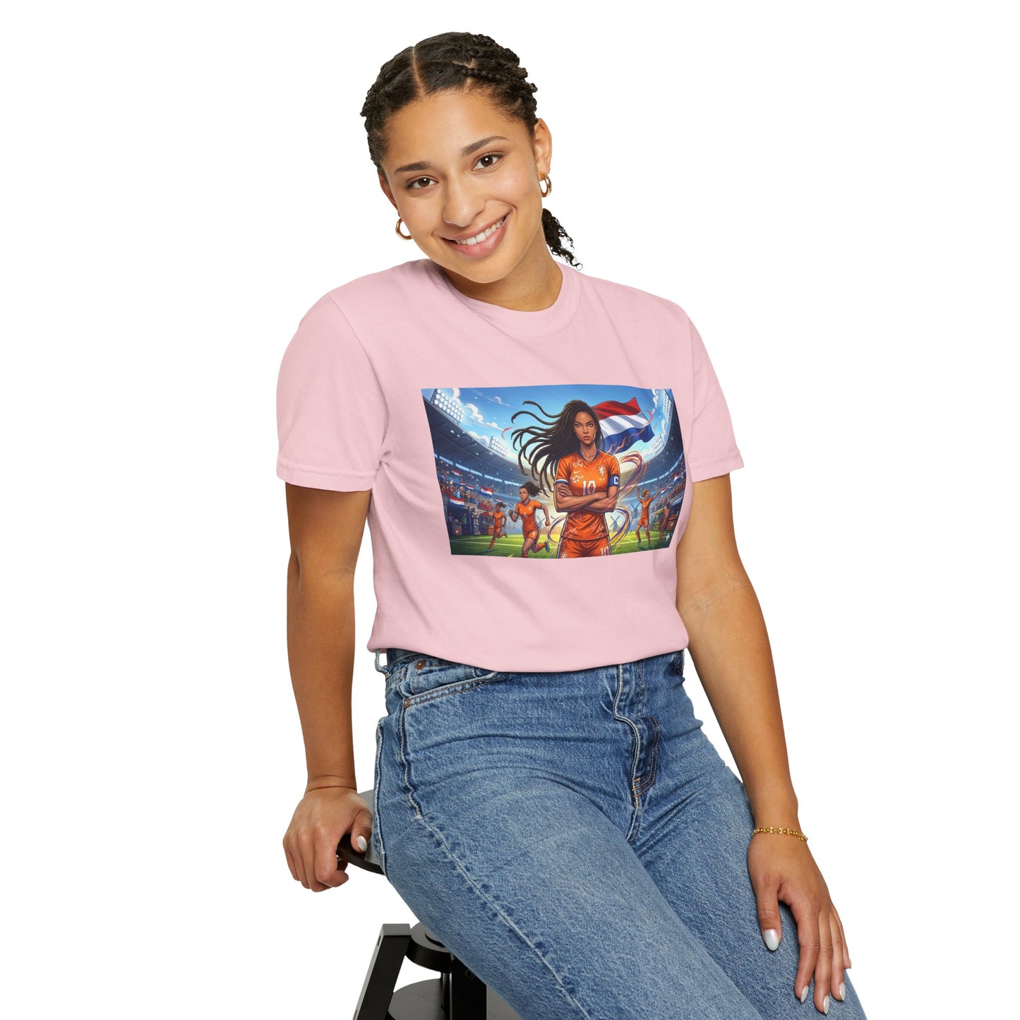 Soccer Warrior T-Shirt — Netherlands Female Captain with Flag Stadium Graphic