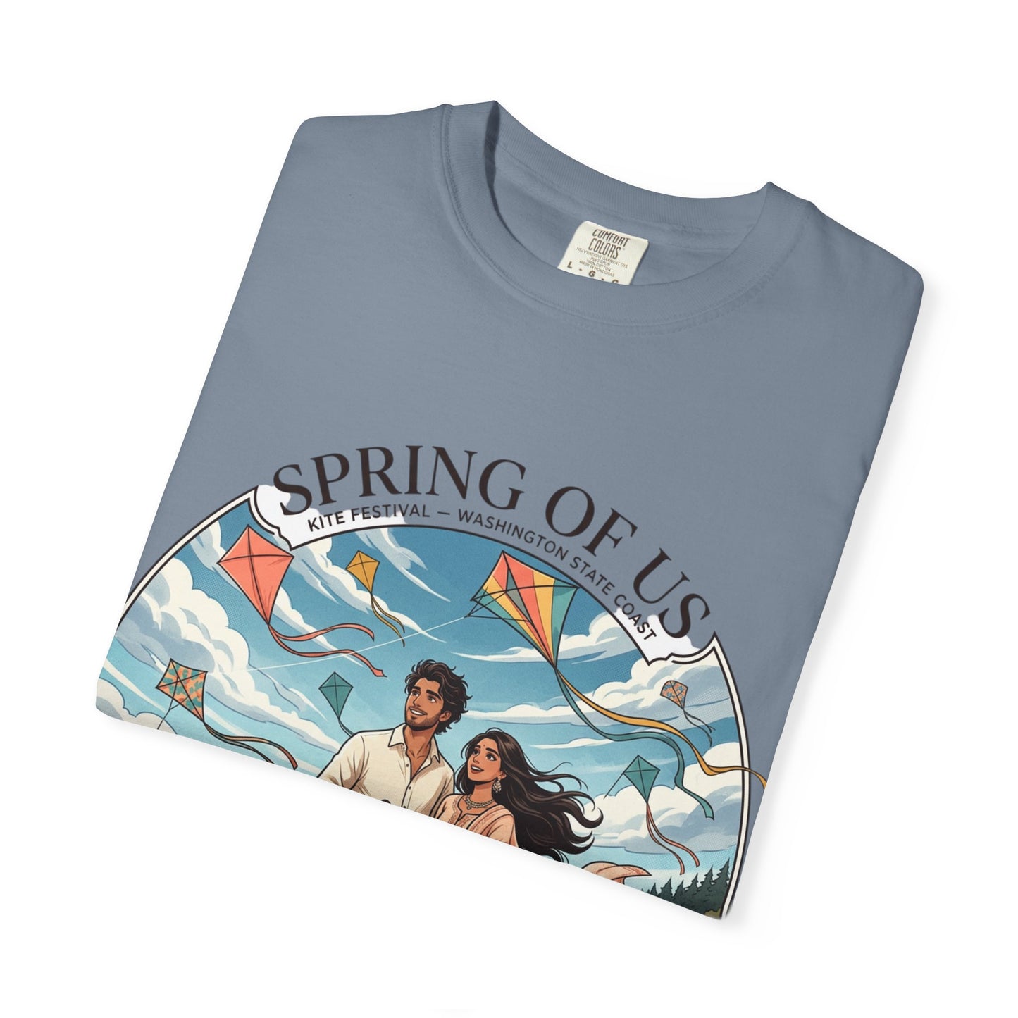 Spring of Us T-Shirt — Romantic Beach Couple Illustration with Dog