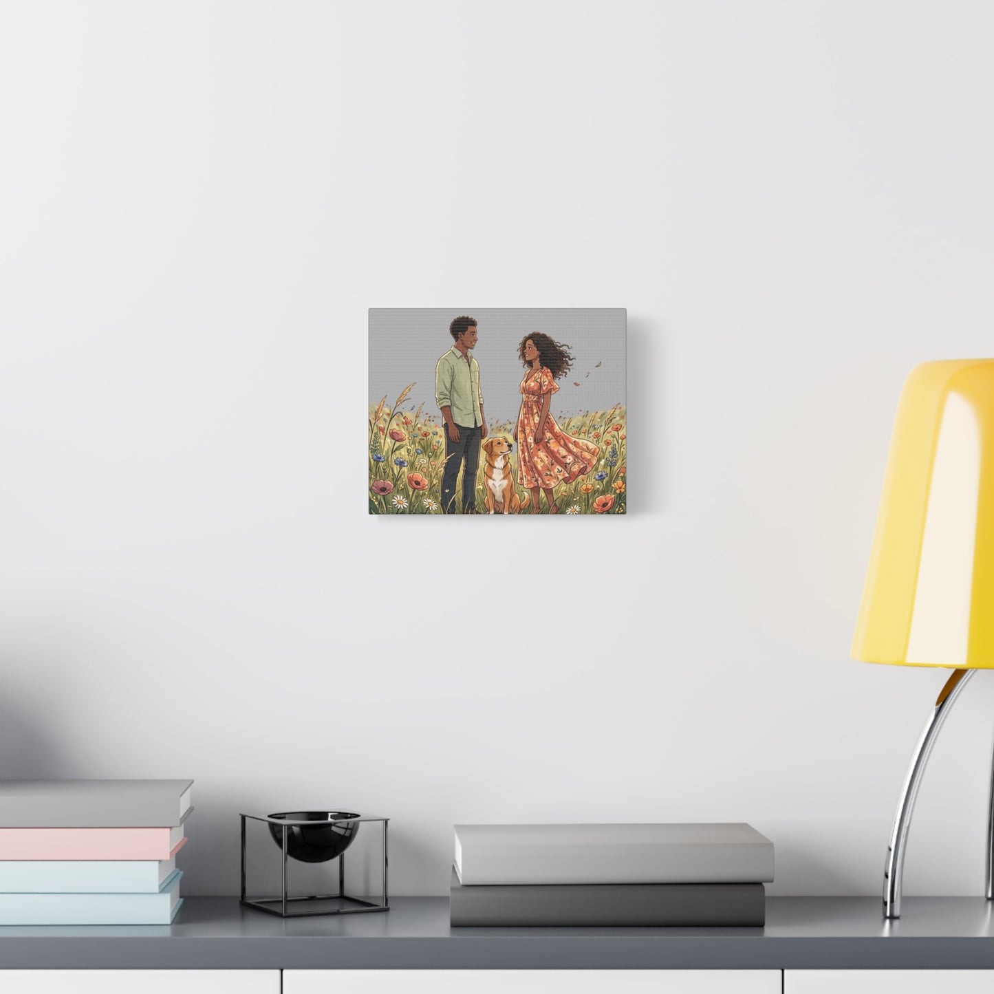 Romantic Couple in Wildflower Field Canvas Art — Black Love Wall Decor with Dog