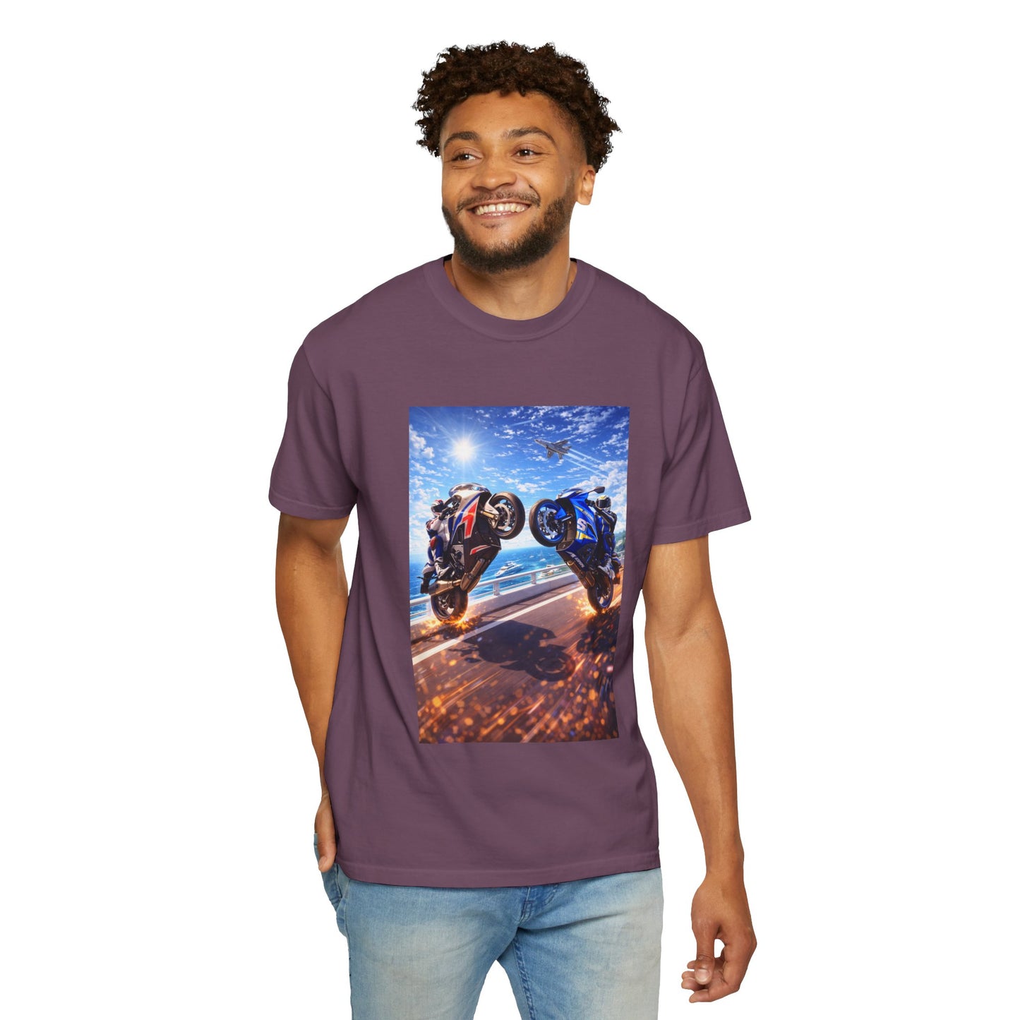 Stunt Riders Motorcycle T-Shirt — Two Bike Wheelie Racing Graphic Tee