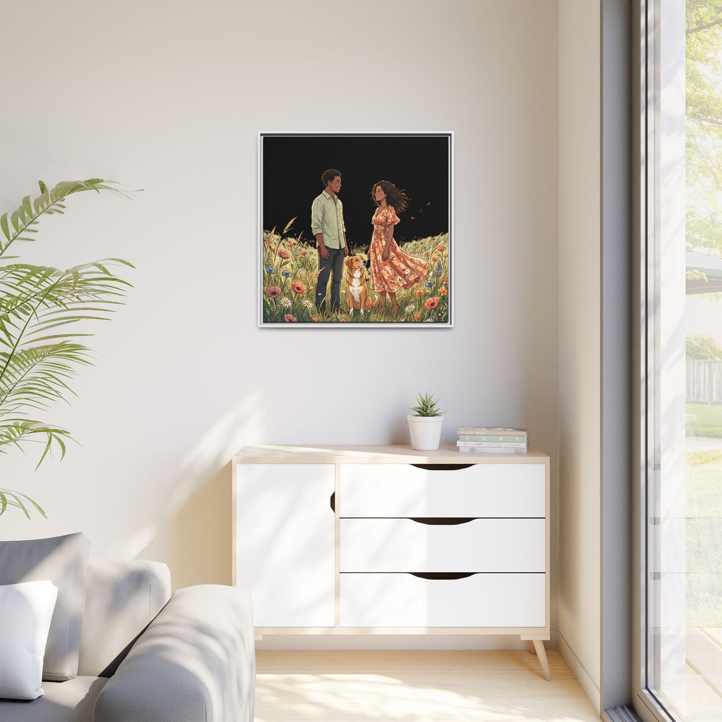 Framed Matte Canvas Print — Romantic Couple in Wildflower Field (Multi‑Color)