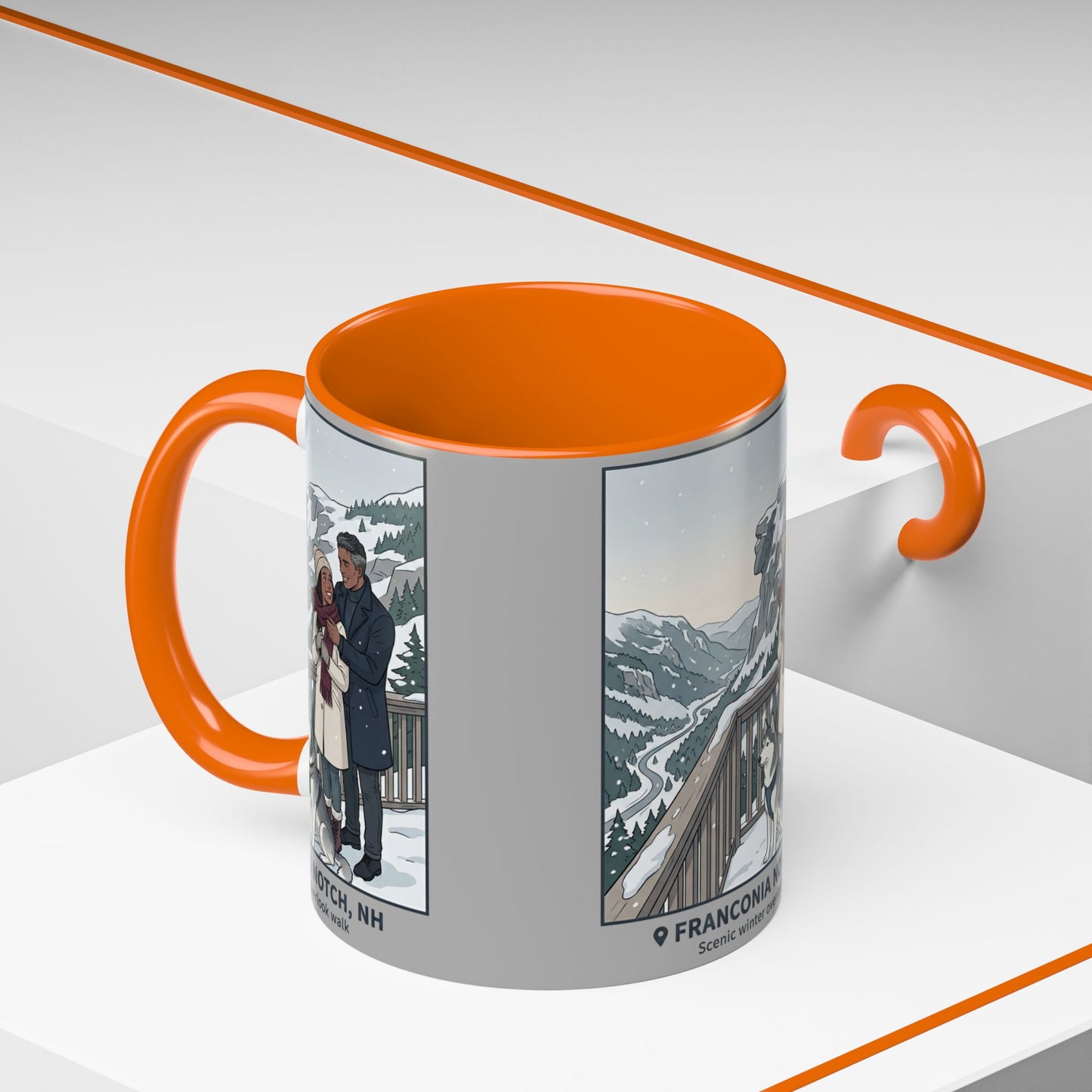 Franconia Notch Scenic Winter Mug — Couples & Dog Snowy Overlook Coffee Cup (11/15oz)