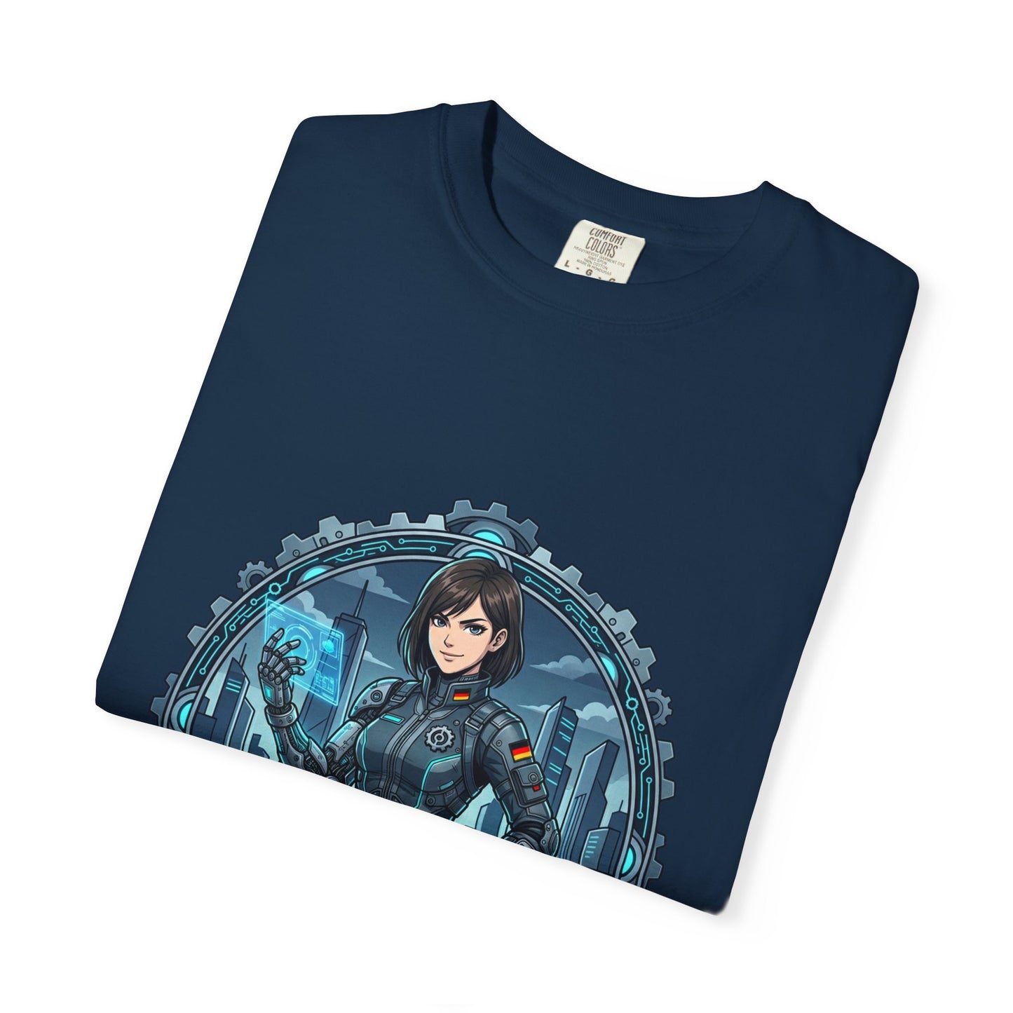 Cyber Ninja Graphic T-Shirt — Futuristic Female Warrior Illustration