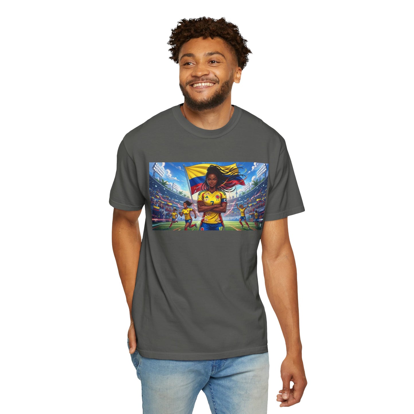 Soccer Champion Graphic T-Shirt — Woman Goalkeeper Stadium Art