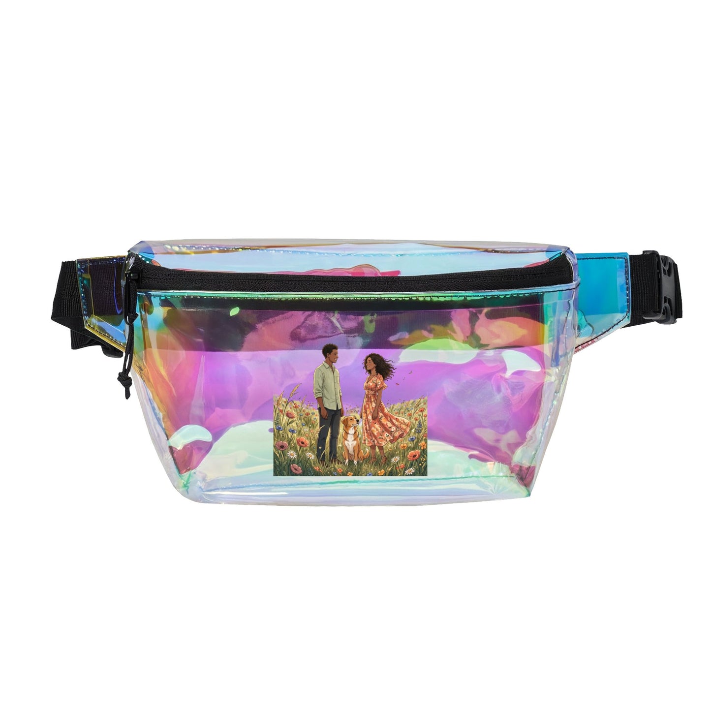 Transparent/Black Clear Fanny Pack with Floral Couple Art - Festival Travel Waist Bag