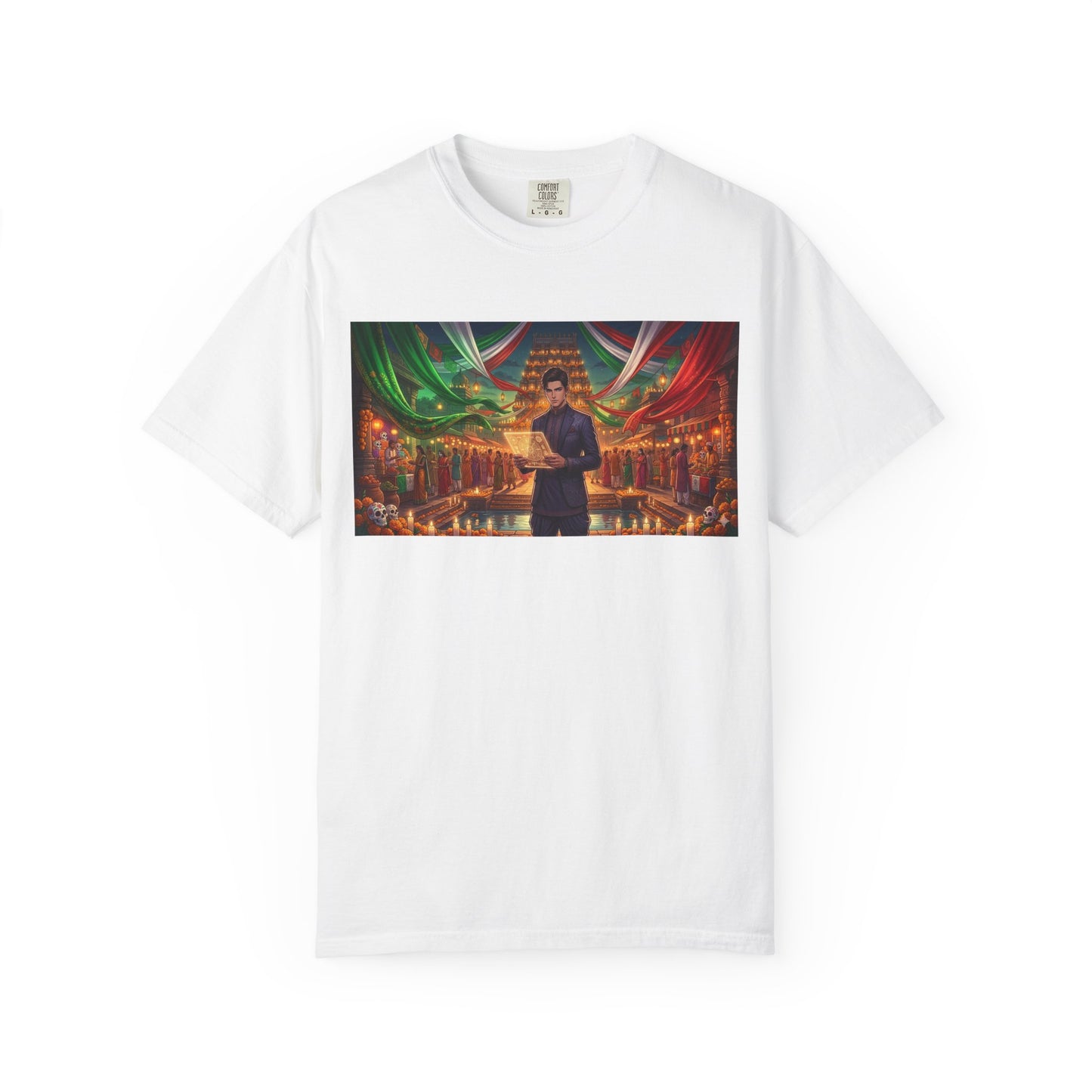 T-Shirt — Dragon Temple Night Scene Graphic Tee (Monk with Dragons)