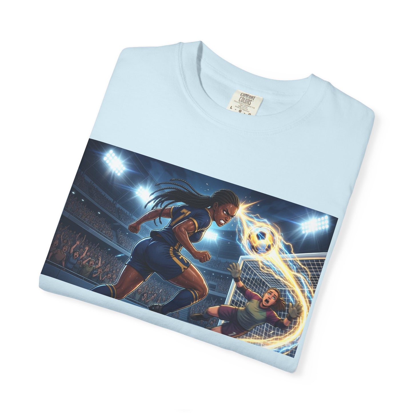 Soccer Duel Graphic T-Shirt — Futuristic Goalkeeper vs Striker Stadium Print