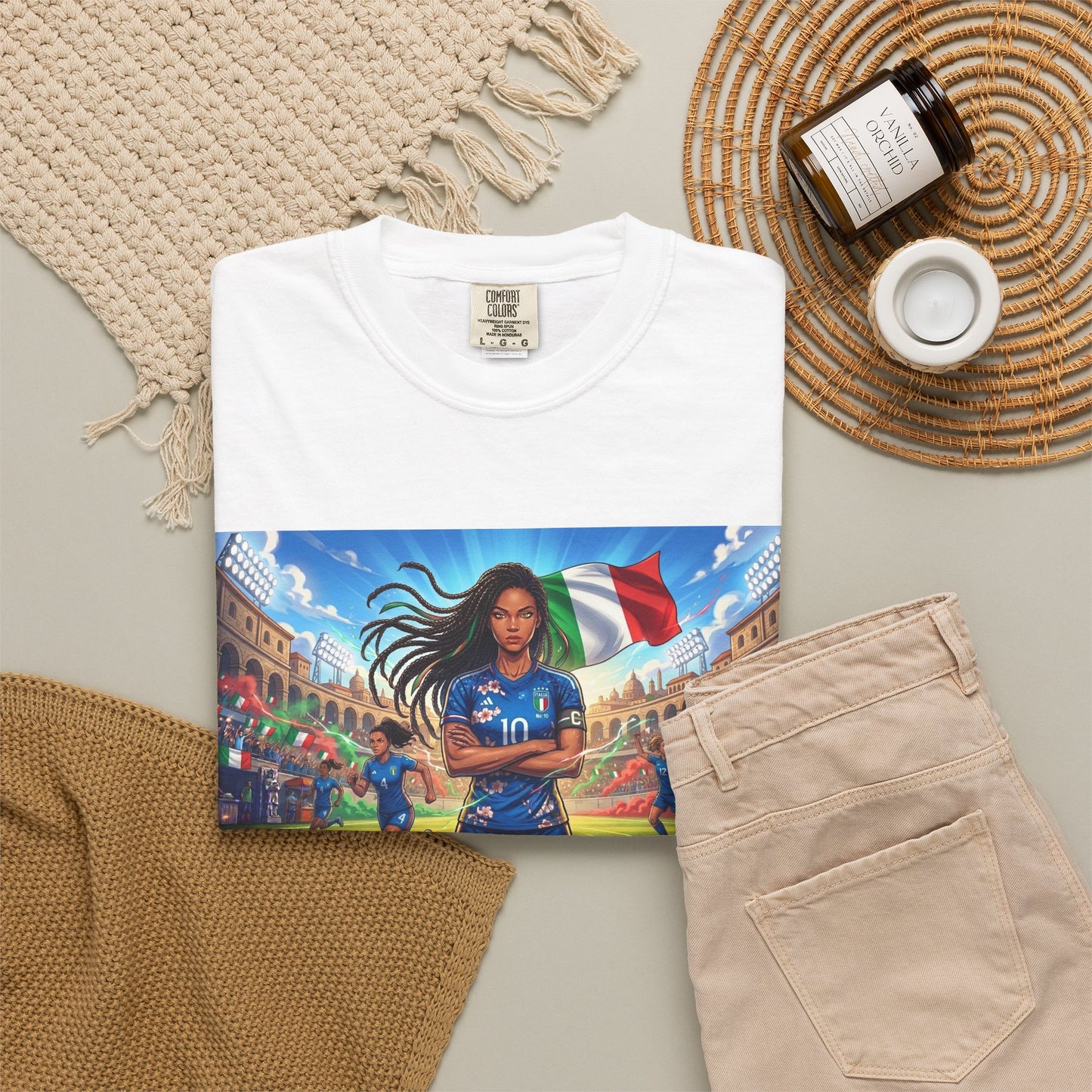 Italian Soccer Fan T‑Shirt – Inspirational Female Player with Italy Flag Stadium Print