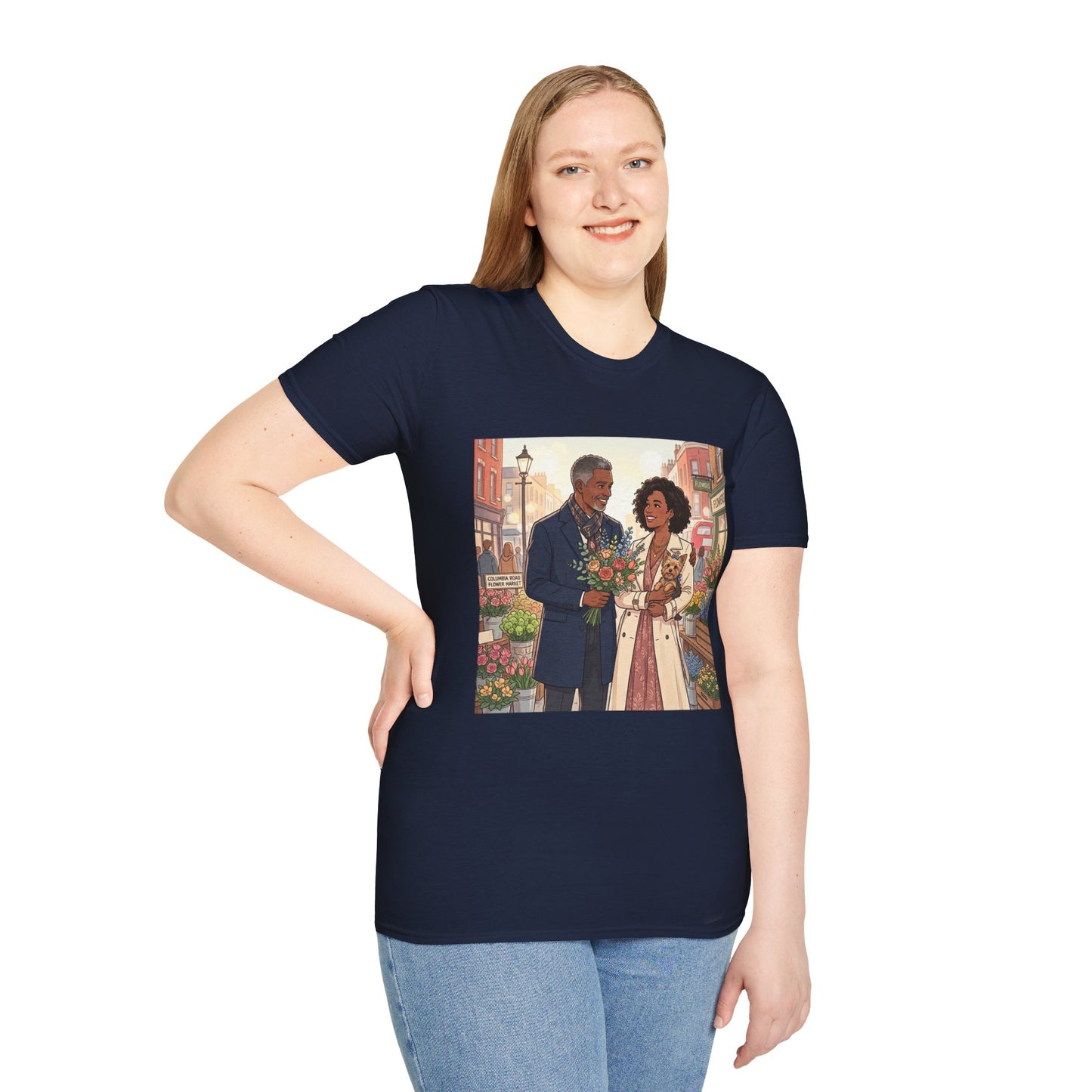 Romantic City Stroll T-Shirt — Couple Bouquet Illustration