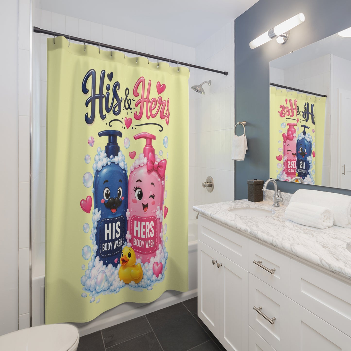 His & Hers Shower Curtain – Cute Blue & Pink Body Wash Design with Hearts and Rubber Duck