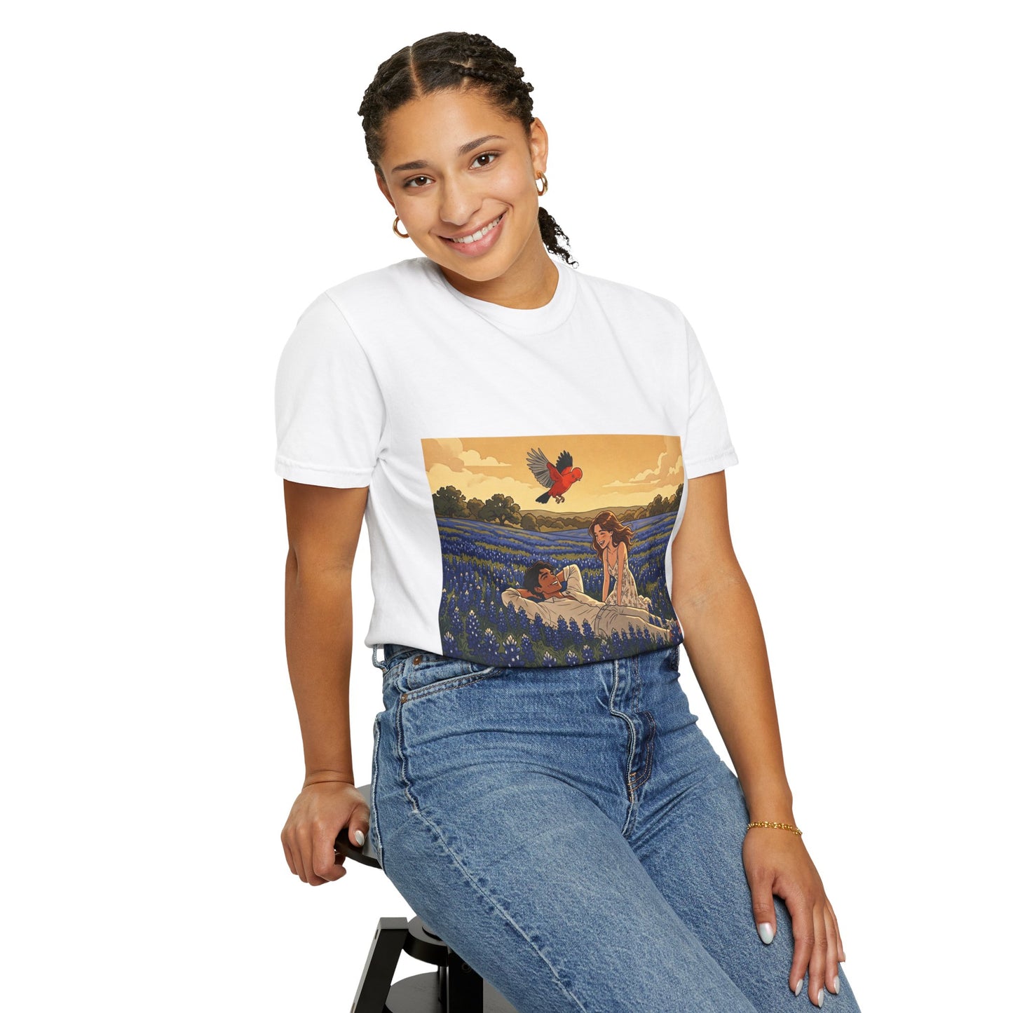 Romantic Bluebonnet Field T-Shirt — Couple in Wildflower Meadow Art Tee