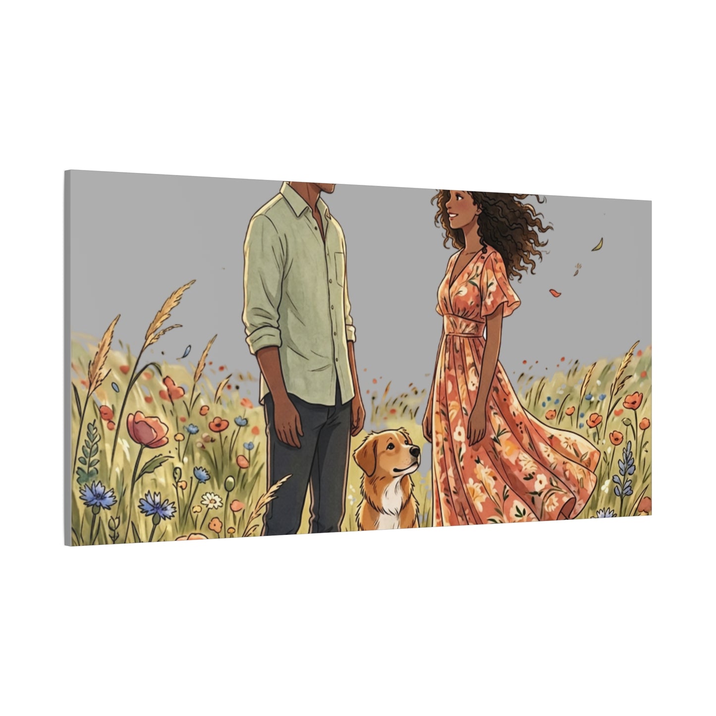 Romantic Couple in Wildflower Field Canvas Art — Black Love Wall Decor with Dog
