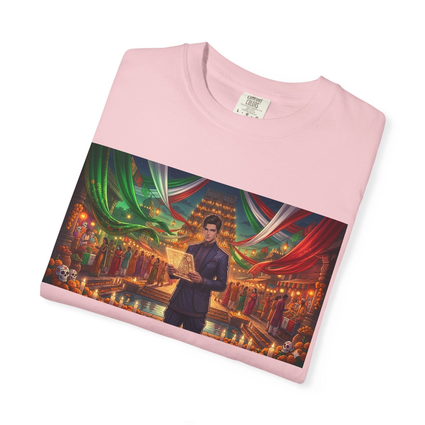 T-Shirt — Dragon Temple Night Scene Graphic Tee (Monk with Dragons)