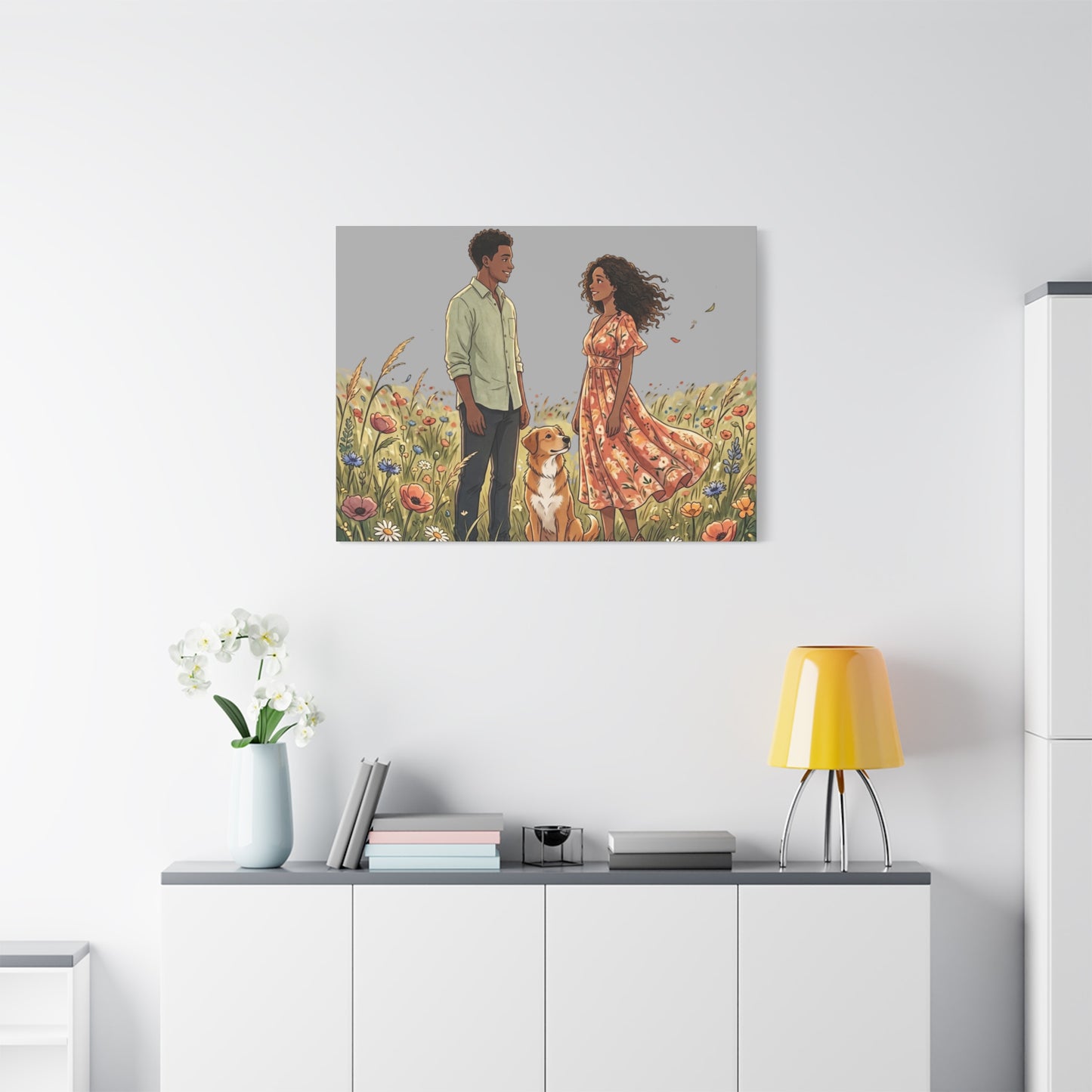 Romantic Couple in Wildflower Field Canvas Art — Black Love Wall Decor with Dog