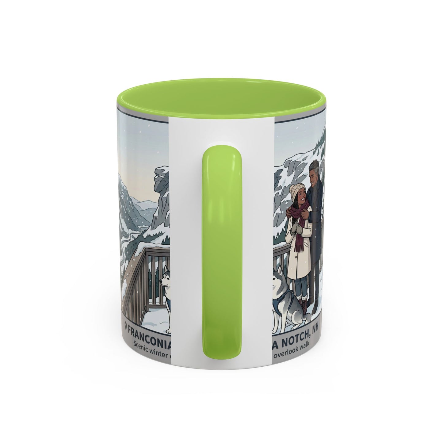 Franconia Notch Scenic Winter Mug — Couples & Dog Snowy Overlook Coffee Cup (11/15oz)