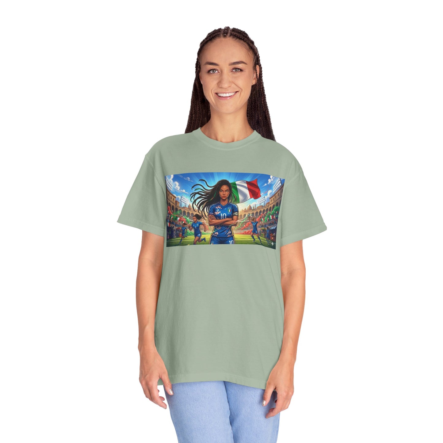 Italian Soccer Fan T‑Shirt – Inspirational Female Player with Italy Flag Stadium Print