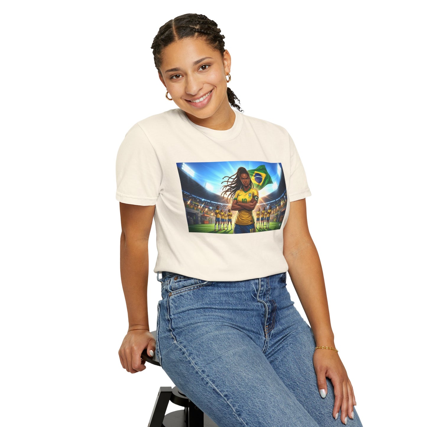 Brazil Soccer Captain T-Shirt — Player Holding Ball with Brazilian Flag Stadium Graphic