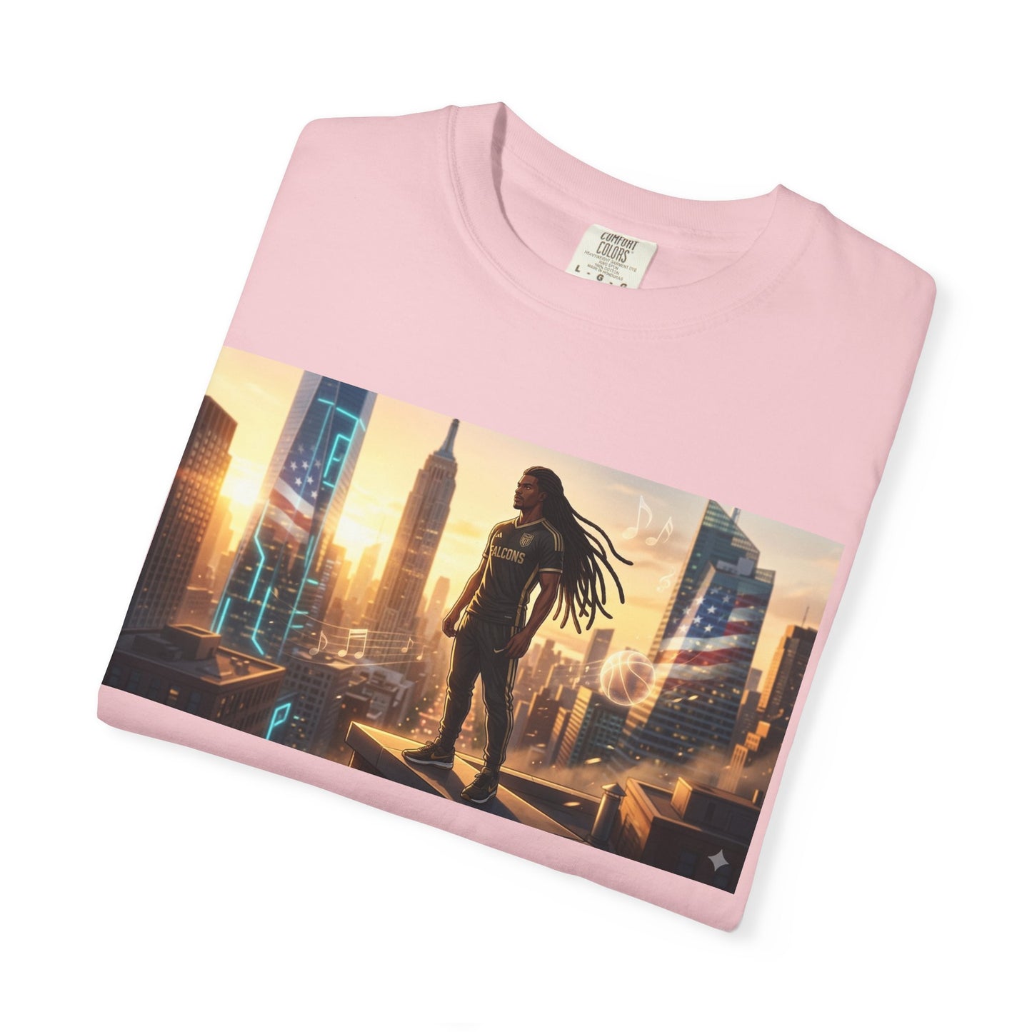 Cyberpunk Cityscape T-Shirt — Silhouette Hero at Sunset