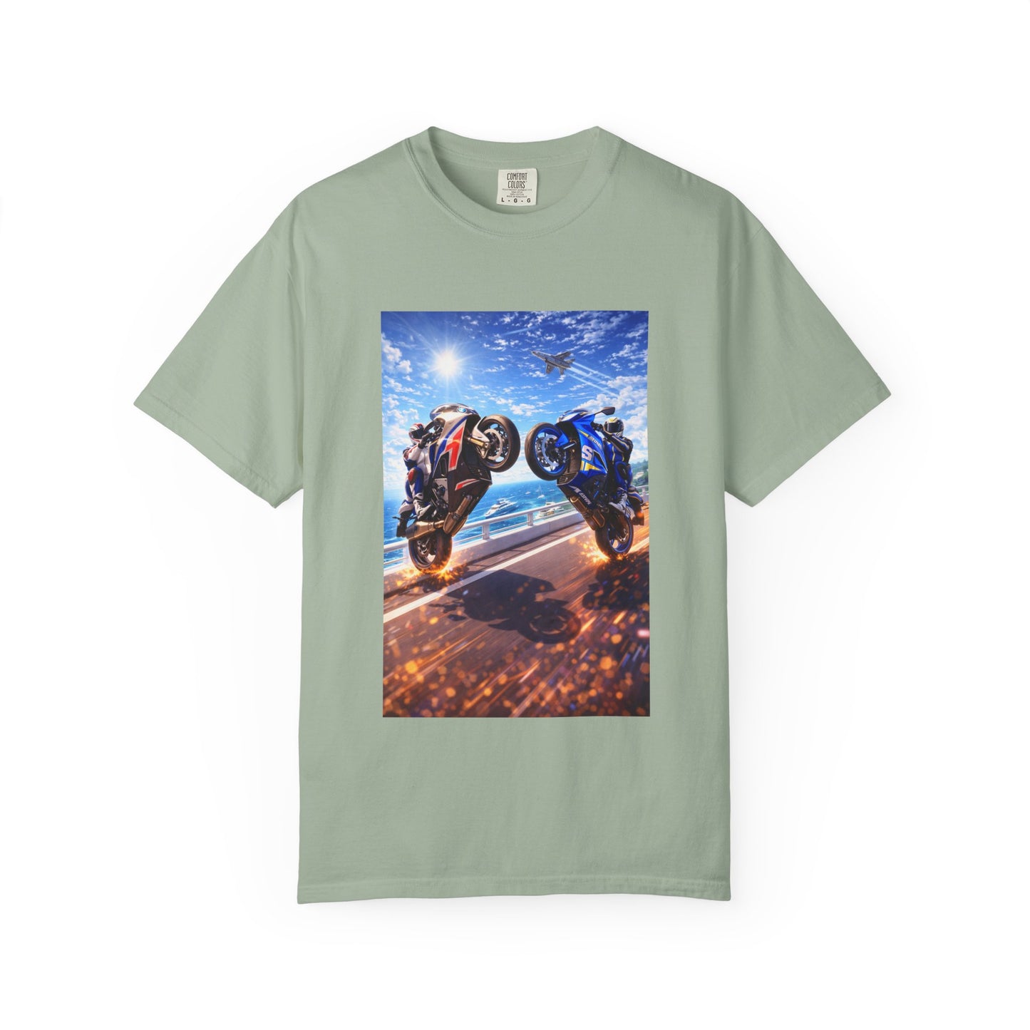 Stunt Riders Motorcycle T-Shirt — Two Bike Wheelie Racing Graphic Tee
