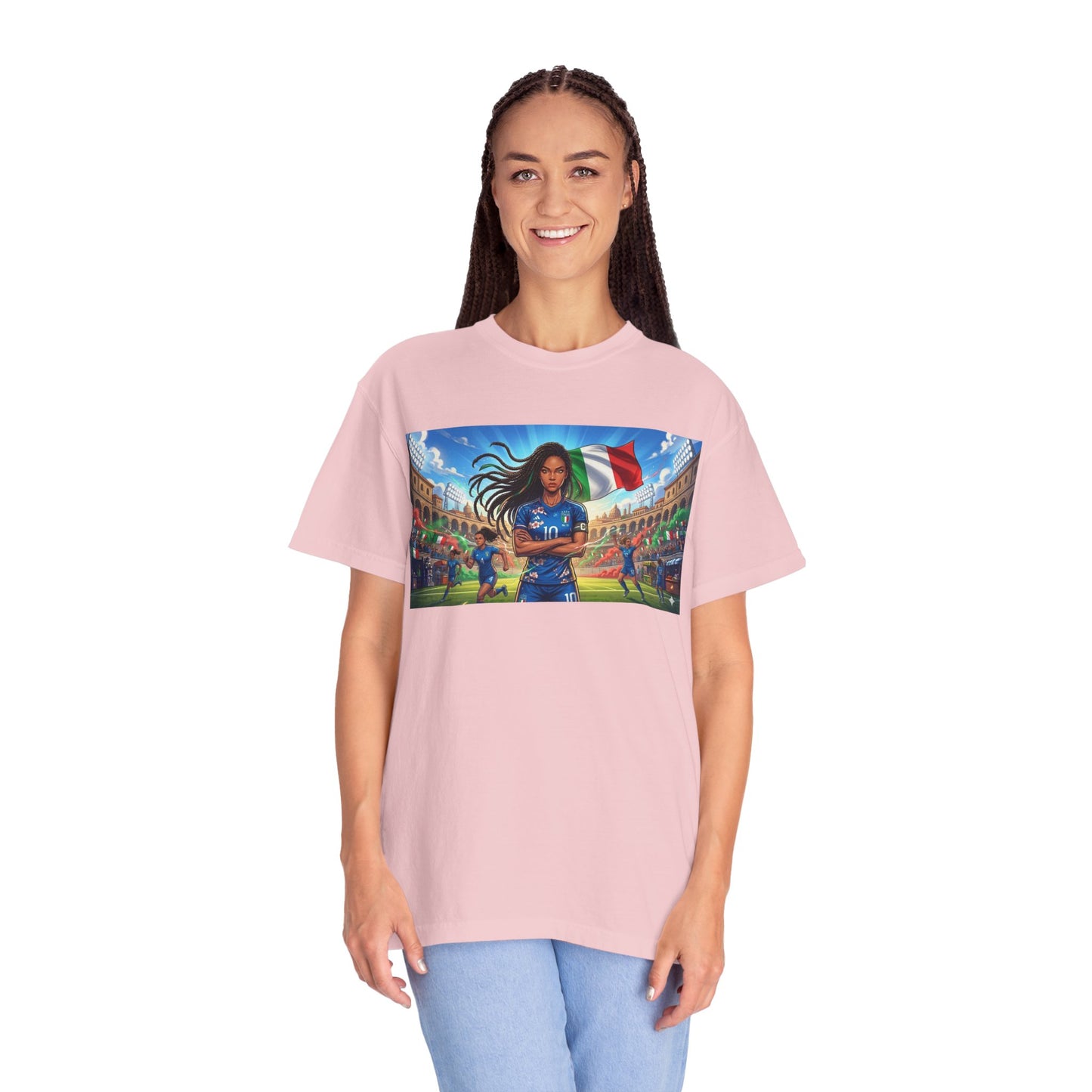 Italian Soccer Fan T‑Shirt – Inspirational Female Player with Italy Flag Stadium Print