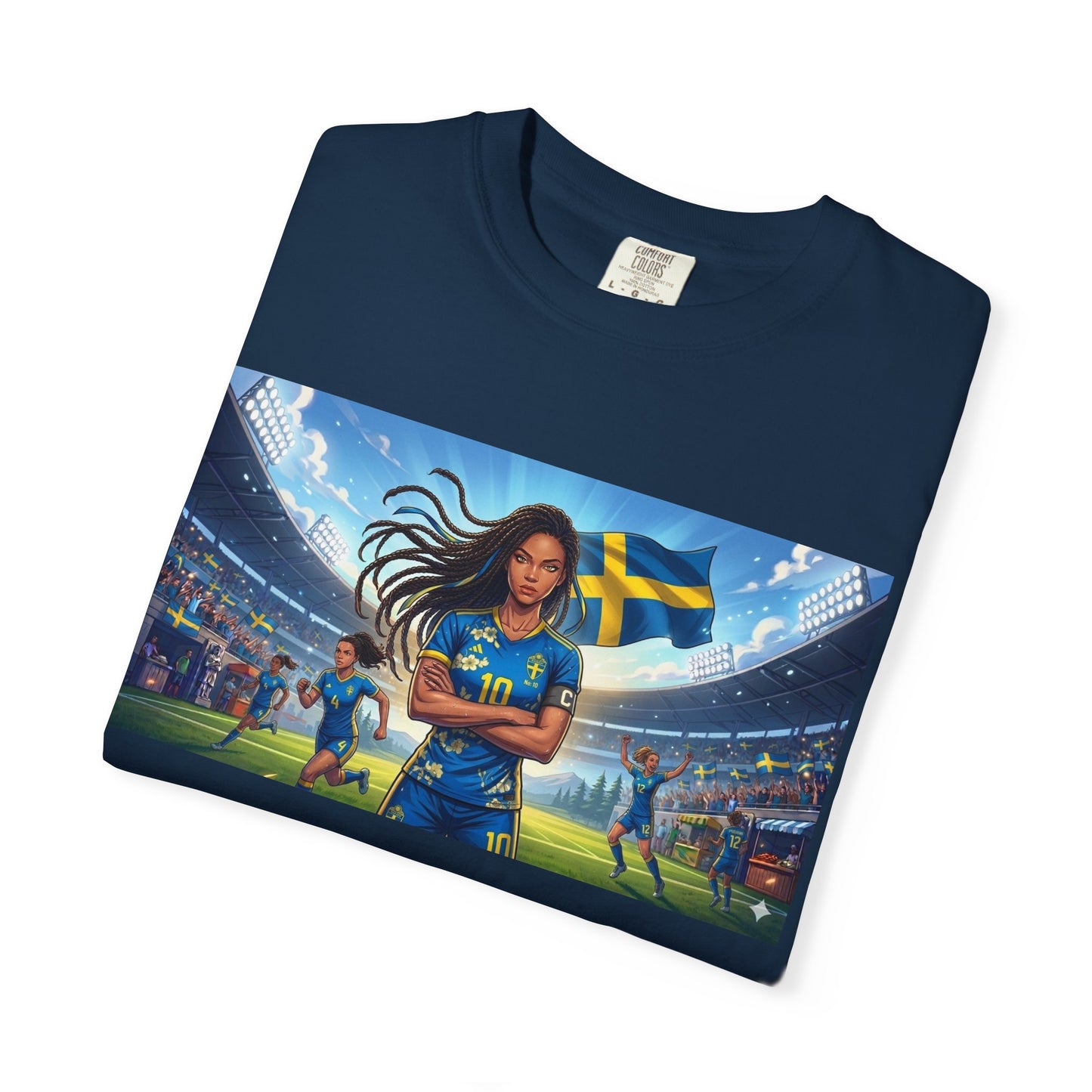 Swedish Soccer Pride T-Shirt — Female Footballer with Flag Stadium Design