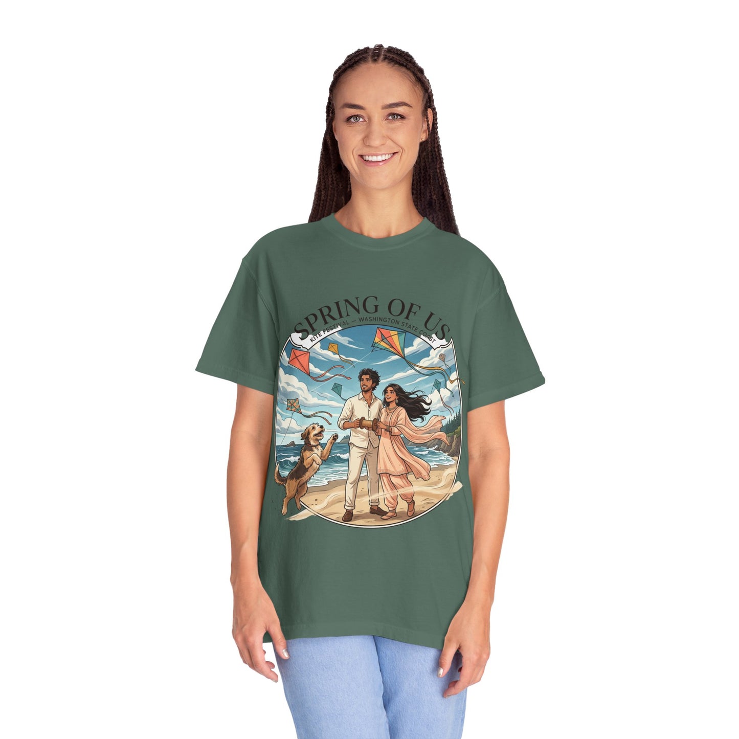 Spring of Us T-Shirt — Romantic Beach Couple Illustration with Dog