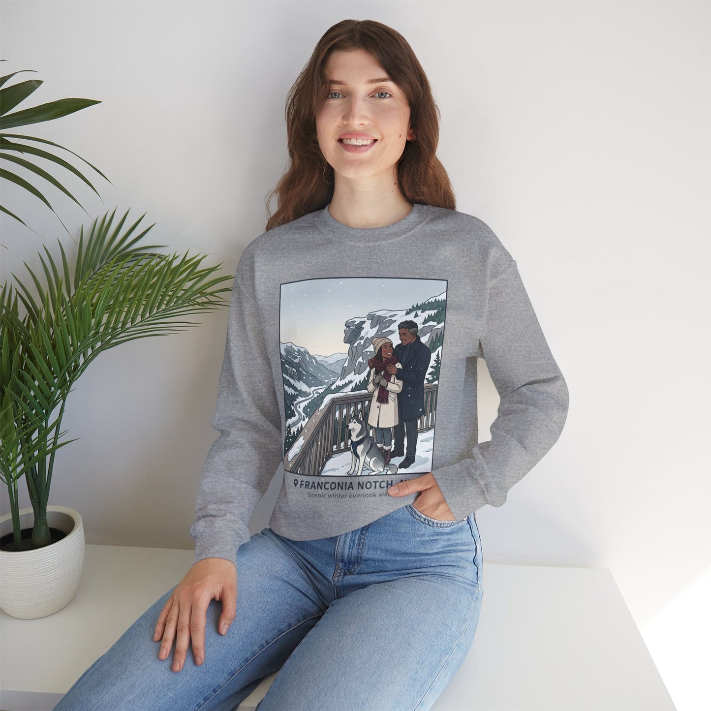 Crewneck Sweatshirt — Franconia Notch Winter Couple Scenic Graphic