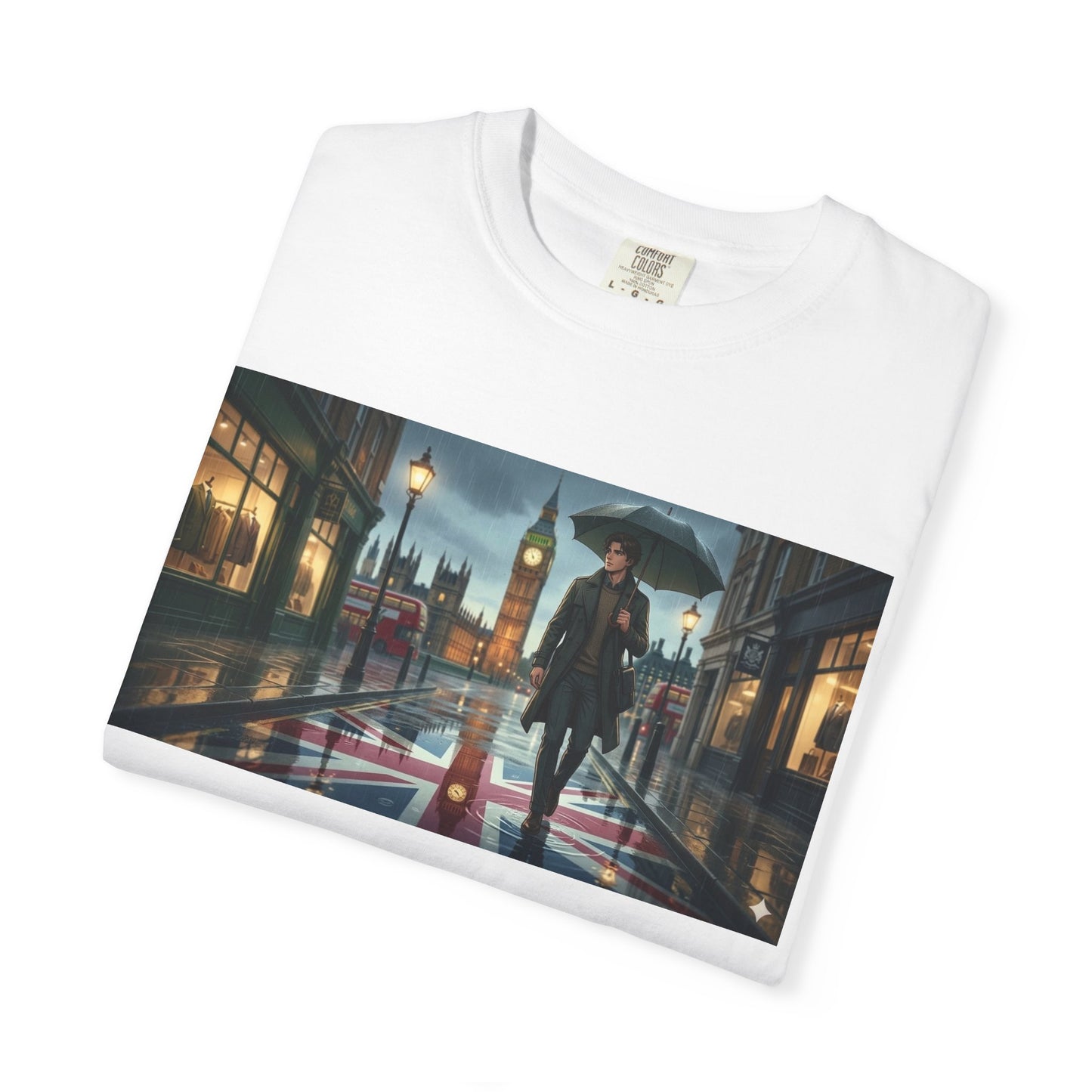 T-Shirt — Rainy London Street Scene Graphic Tee (Big Ben, Umbrella, Night Cityscape)