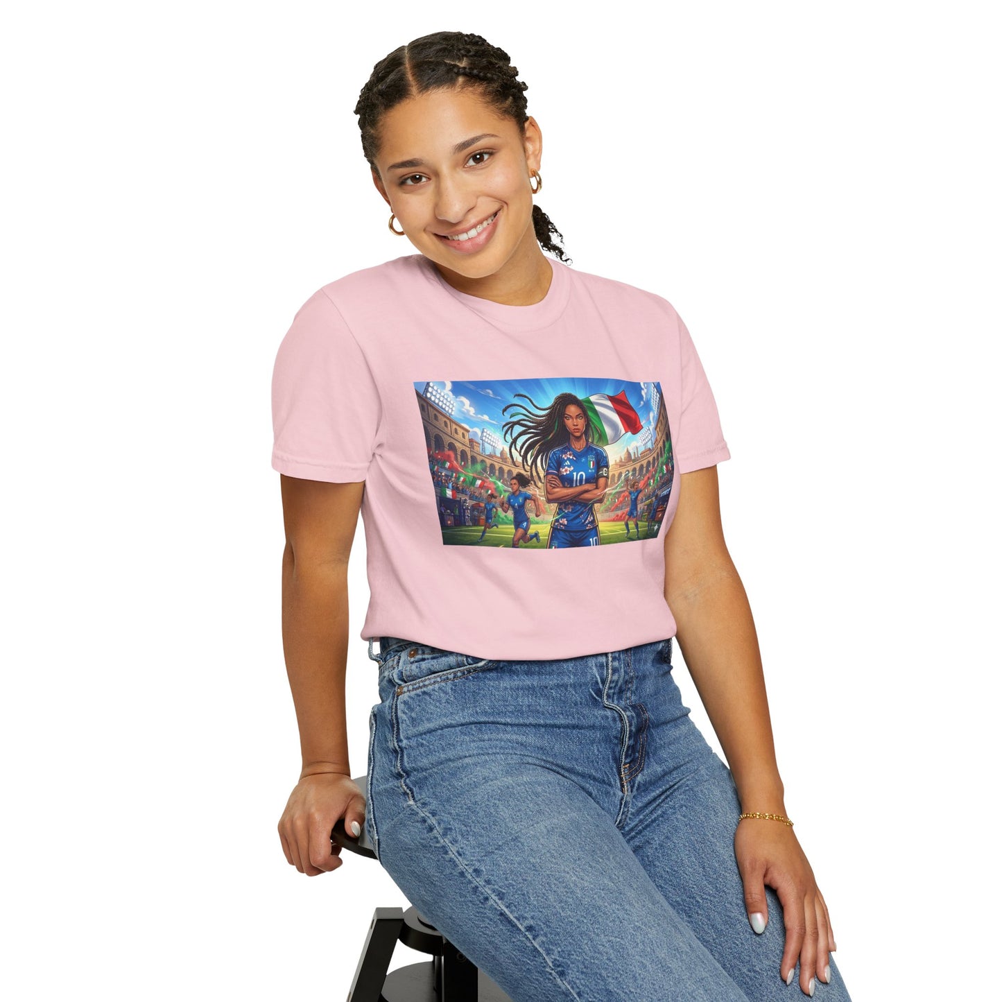 Italian Soccer Fan T‑Shirt – Inspirational Female Player with Italy Flag Stadium Print