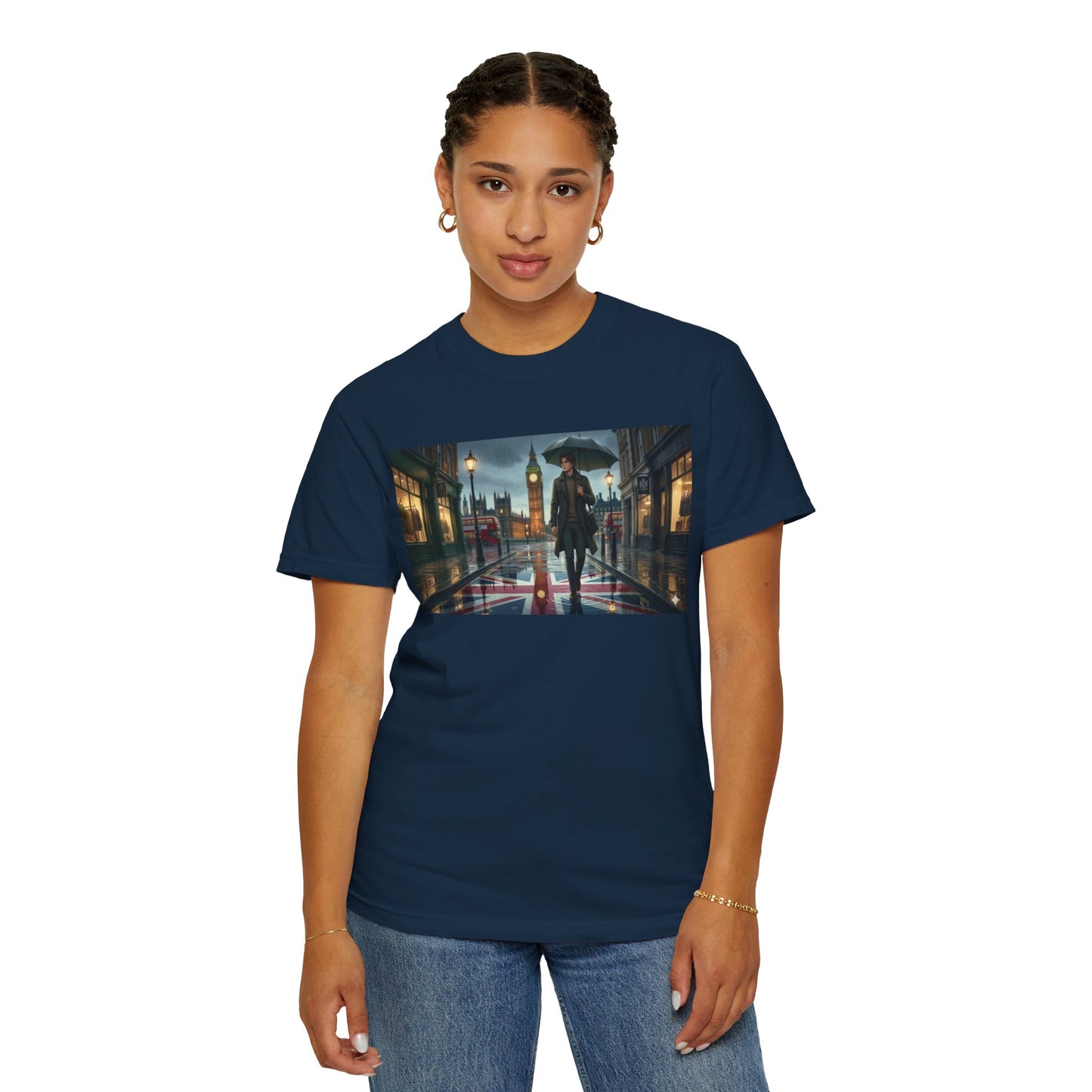 T-Shirt — Rainy London Street Scene Graphic Tee (Big Ben, Umbrella, Night Cityscape)