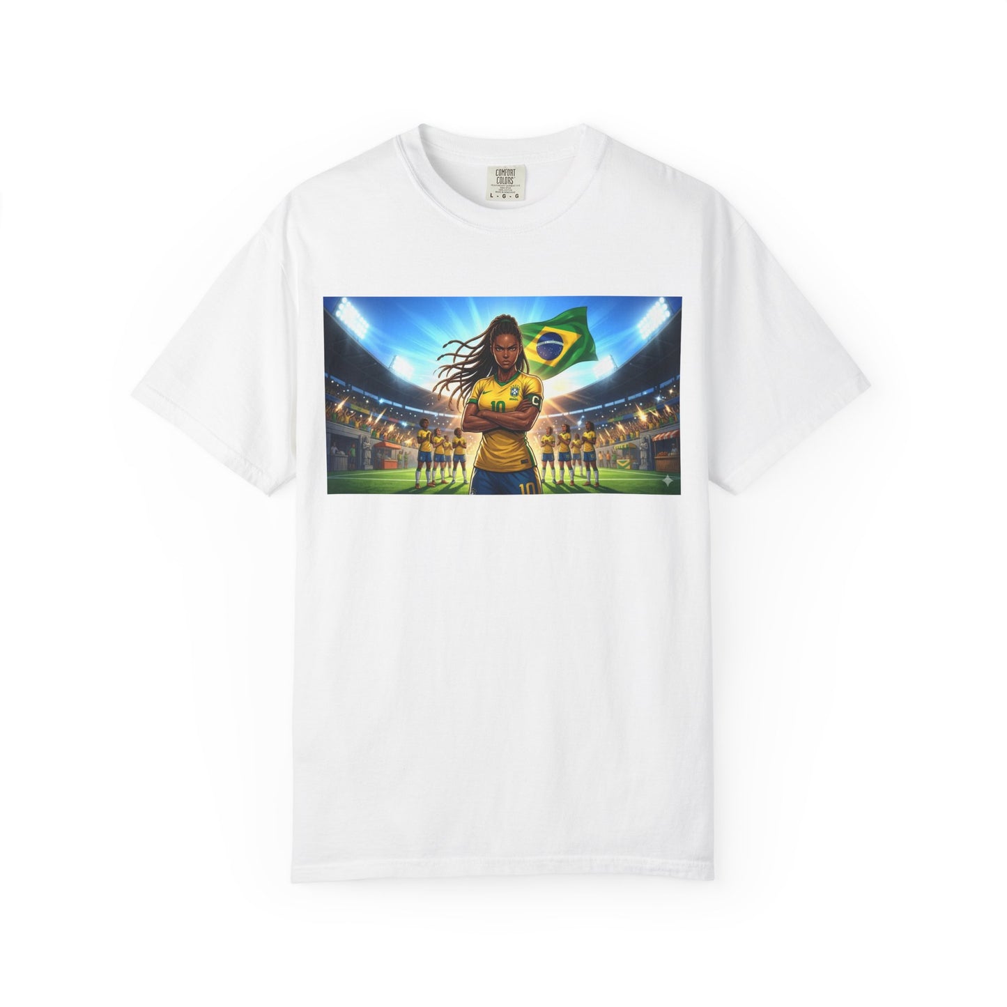 Brazil Soccer Captain T-Shirt — Player Holding Ball with Brazilian Flag Stadium Graphic