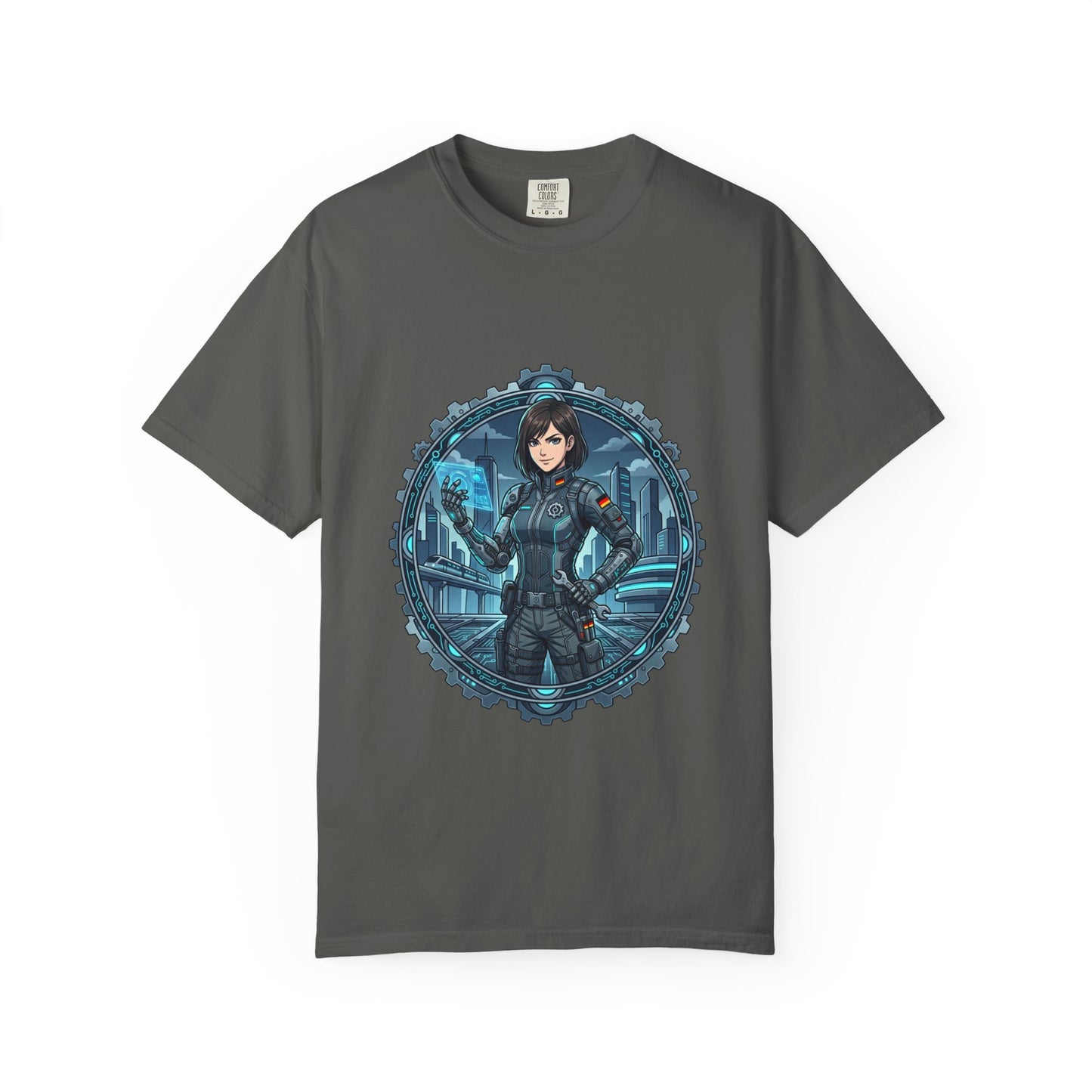 Cyber Ninja Graphic T-Shirt — Futuristic Female Warrior Illustration