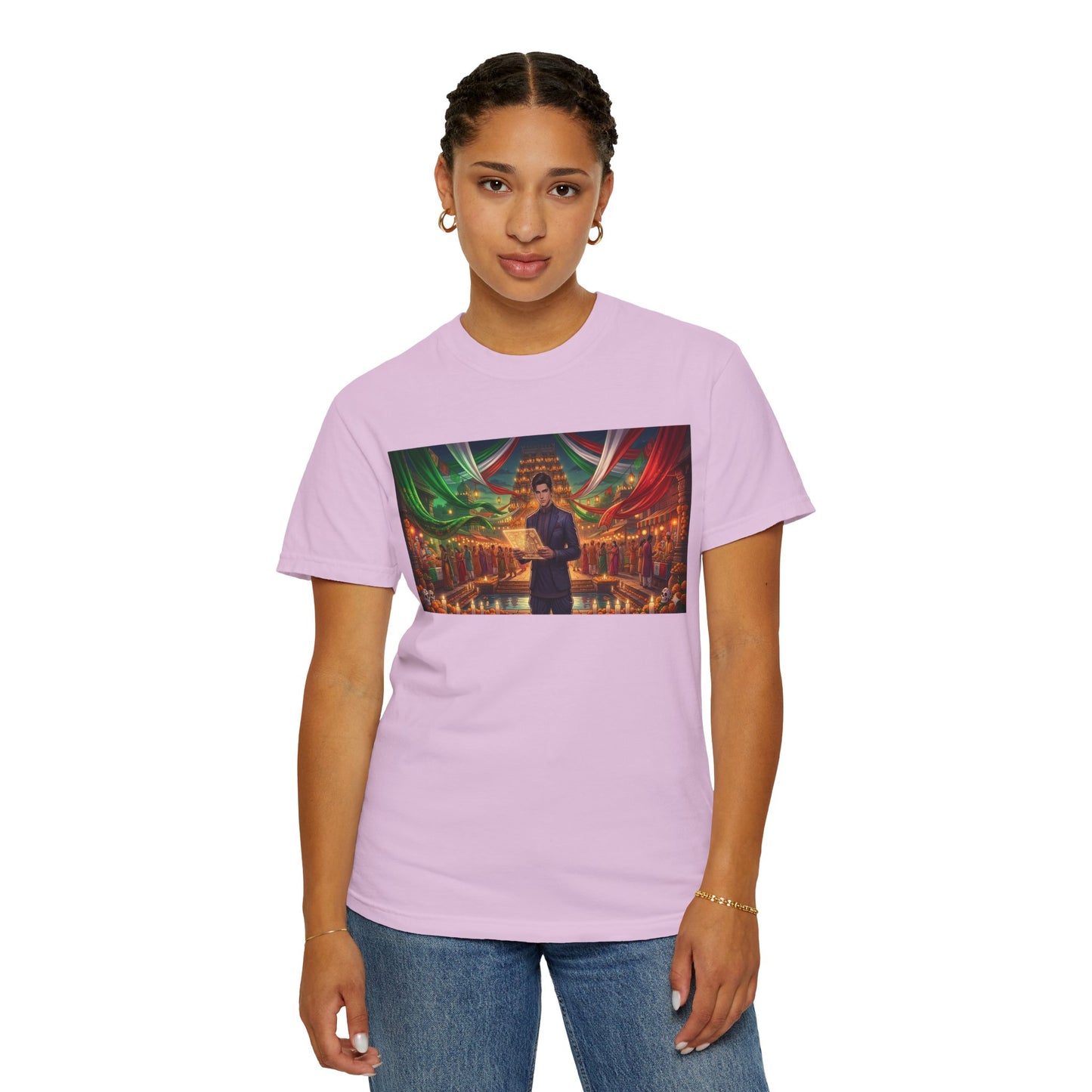 T-Shirt — Dragon Temple Night Scene Graphic Tee (Monk with Dragons)