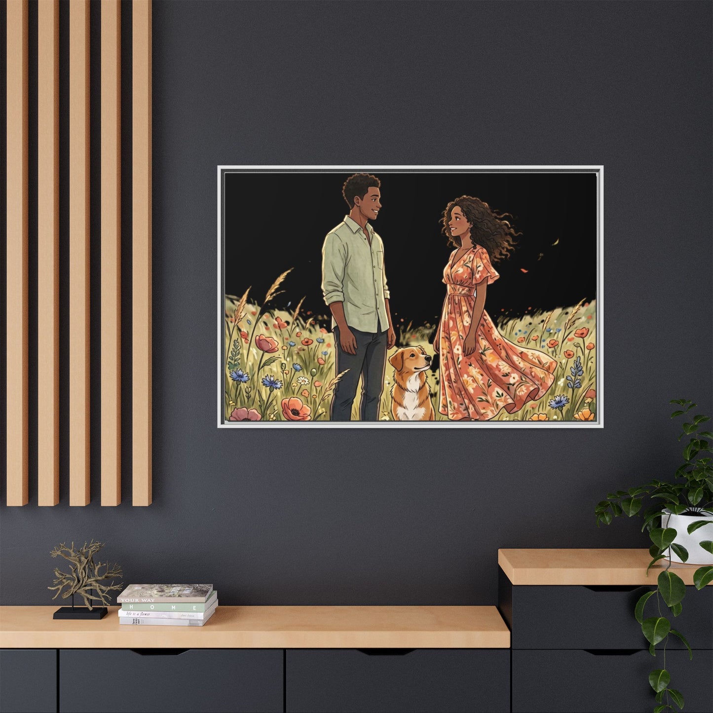 Framed Matte Canvas Print — Romantic Couple in Wildflower Field (Multi‑Color)