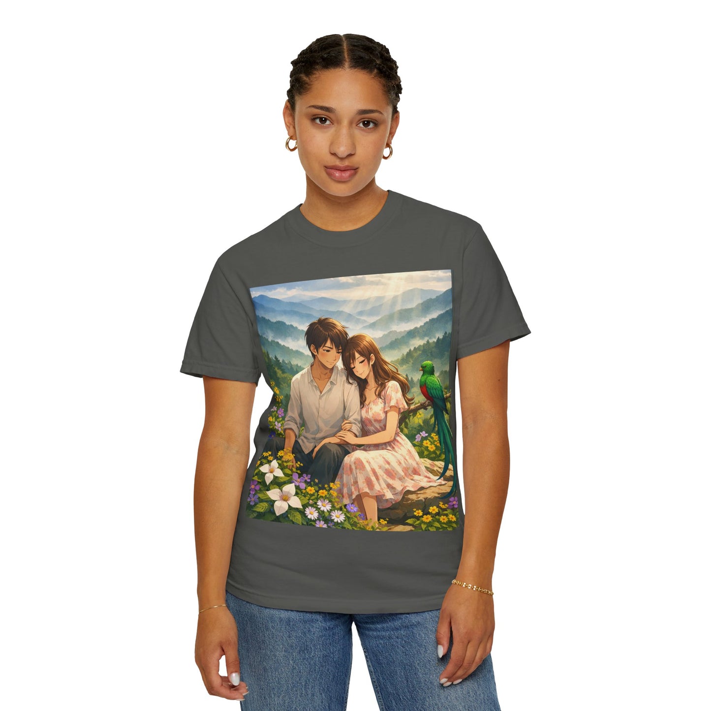 Romantic Anime Couple T-Shirt — Sunset Meadow Illustration