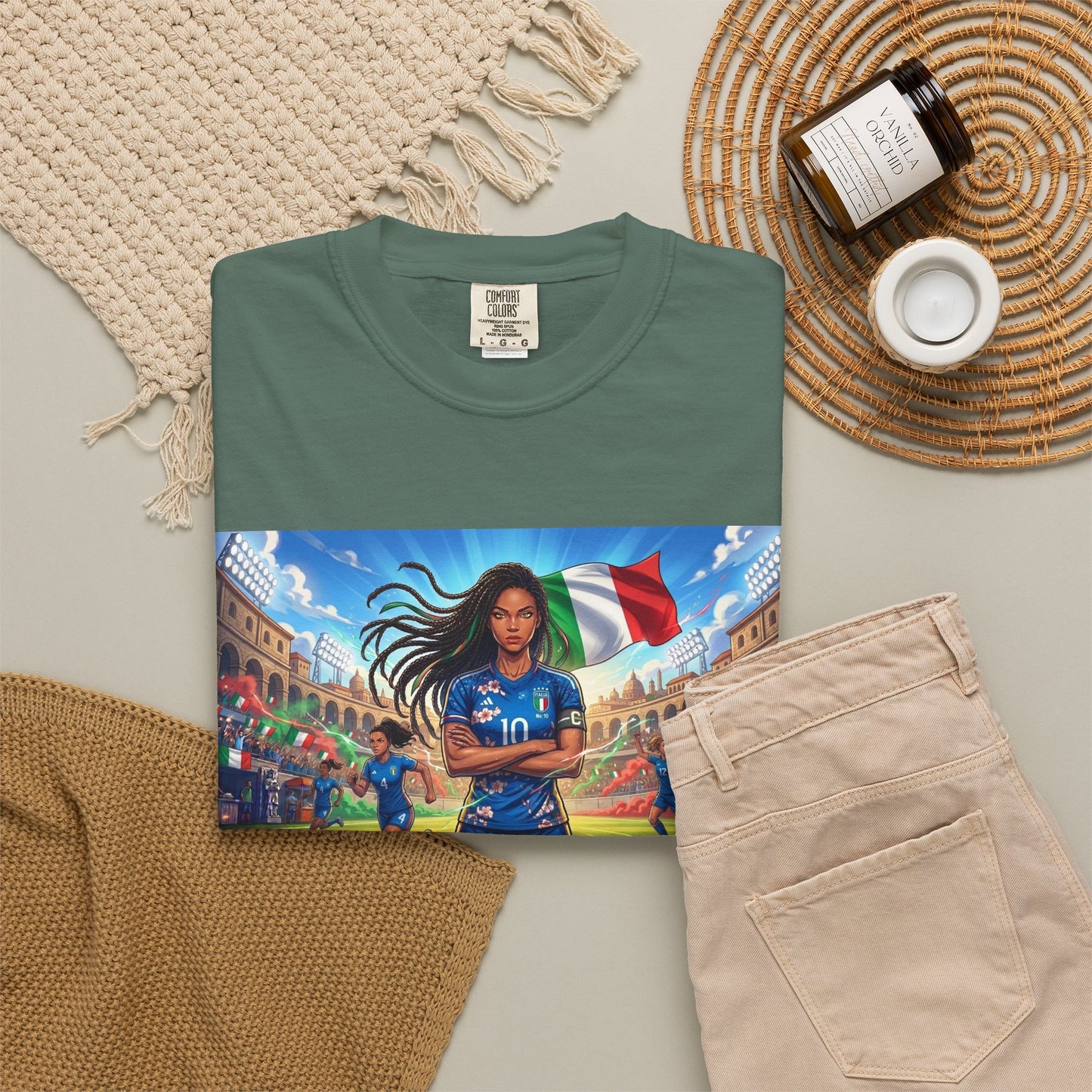 Italian Soccer Fan T‑Shirt – Inspirational Female Player with Italy Flag Stadium Print