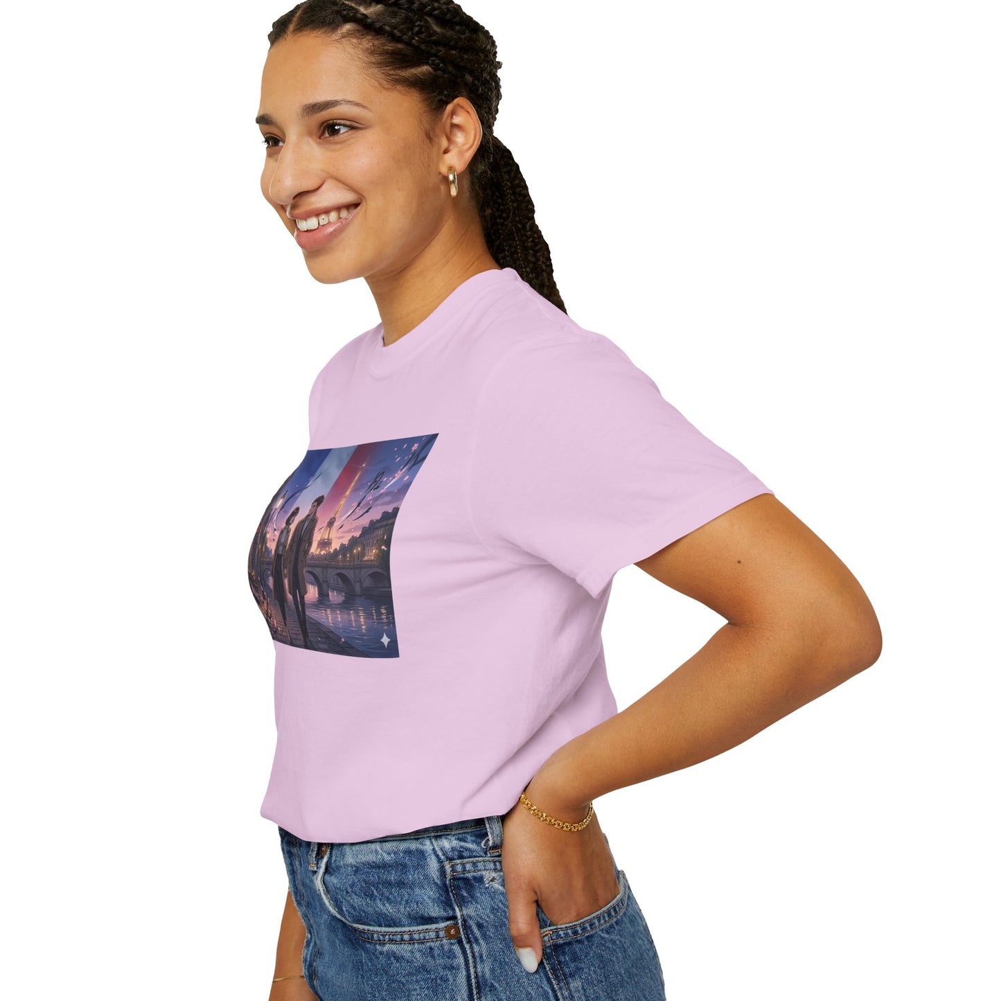 Couple Walking, Eiffel Tower - T-Shirt — Romantic Paris Nightscape Graphic Tee