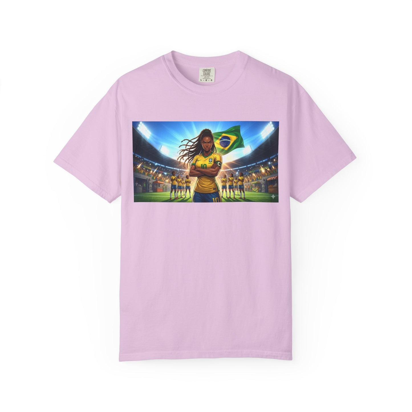 Brazil Soccer Captain T-Shirt — Player Holding Ball with Brazilian Flag Stadium Graphic
