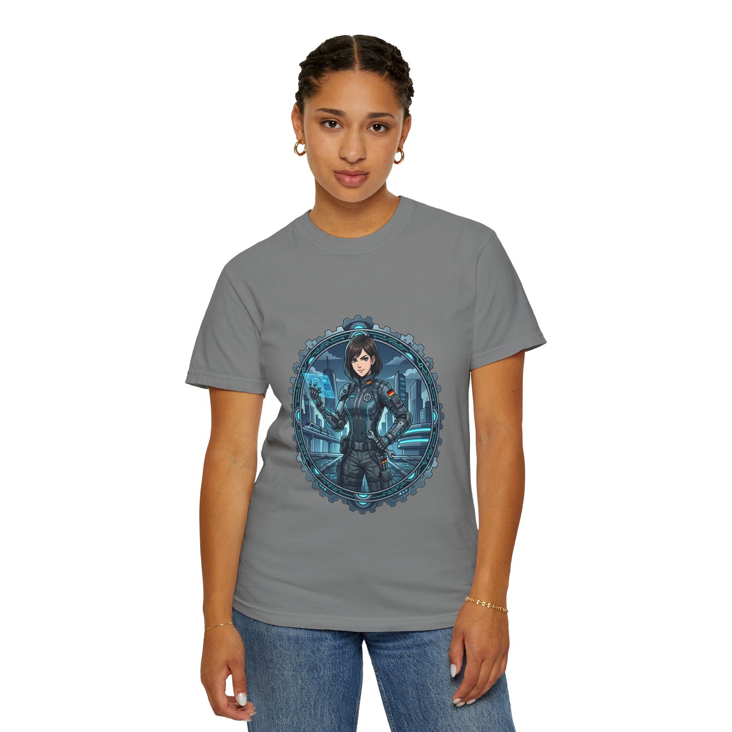 Cyber Ninja Graphic T-Shirt — Futuristic Female Warrior Illustration