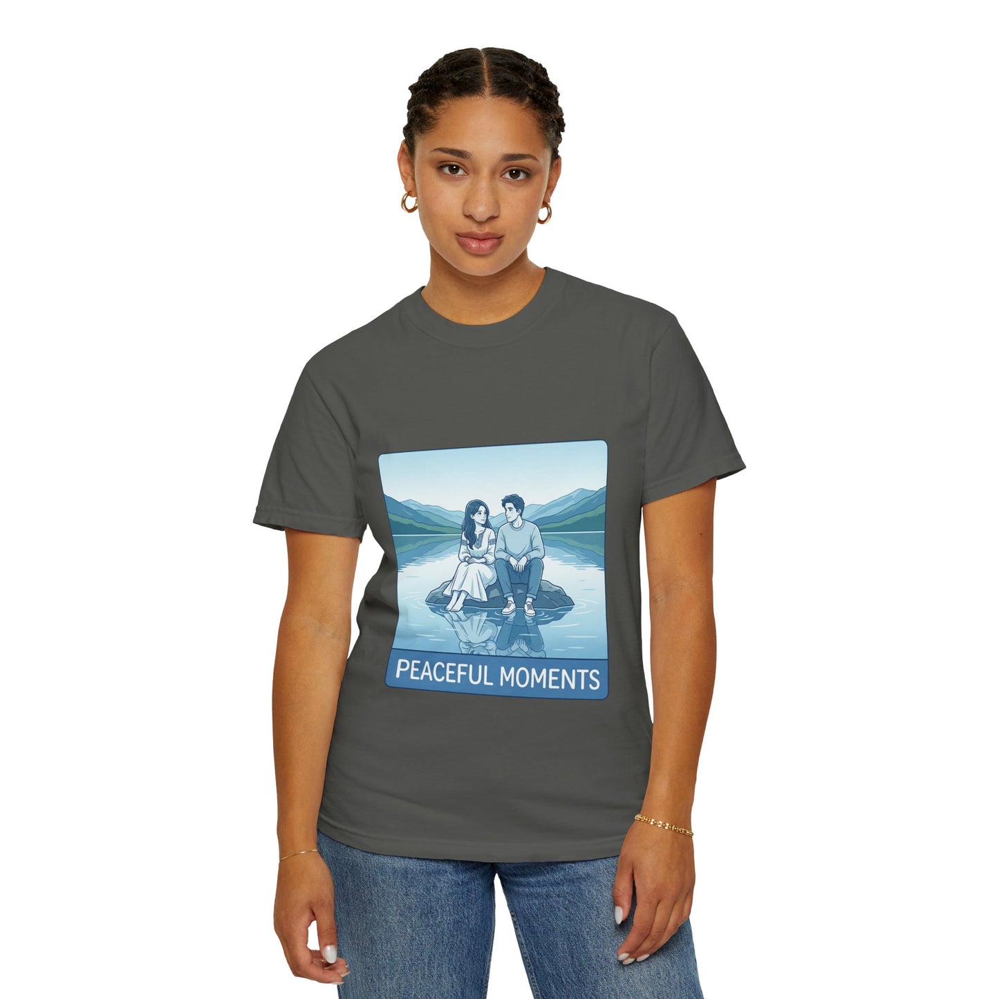 Peaceful Moments Tee — Couple Sitting by Lake Graphic T-Shirt