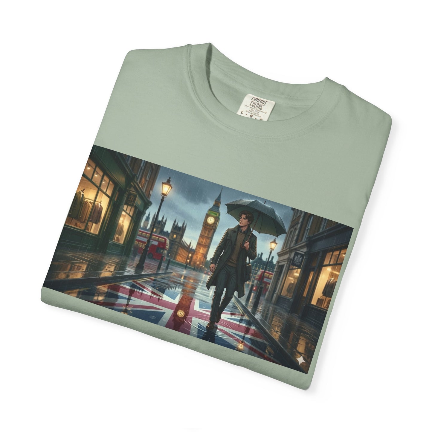 T-Shirt — Rainy London Street Scene Graphic Tee (Big Ben, Umbrella, Night Cityscape)