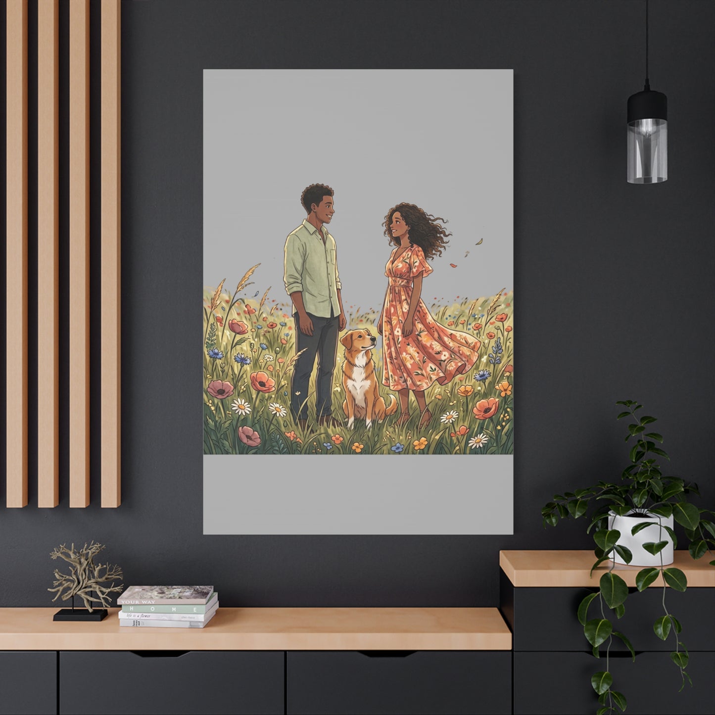 Romantic Couple in Wildflower Field Canvas Art — Black Love Wall Decor with Dog