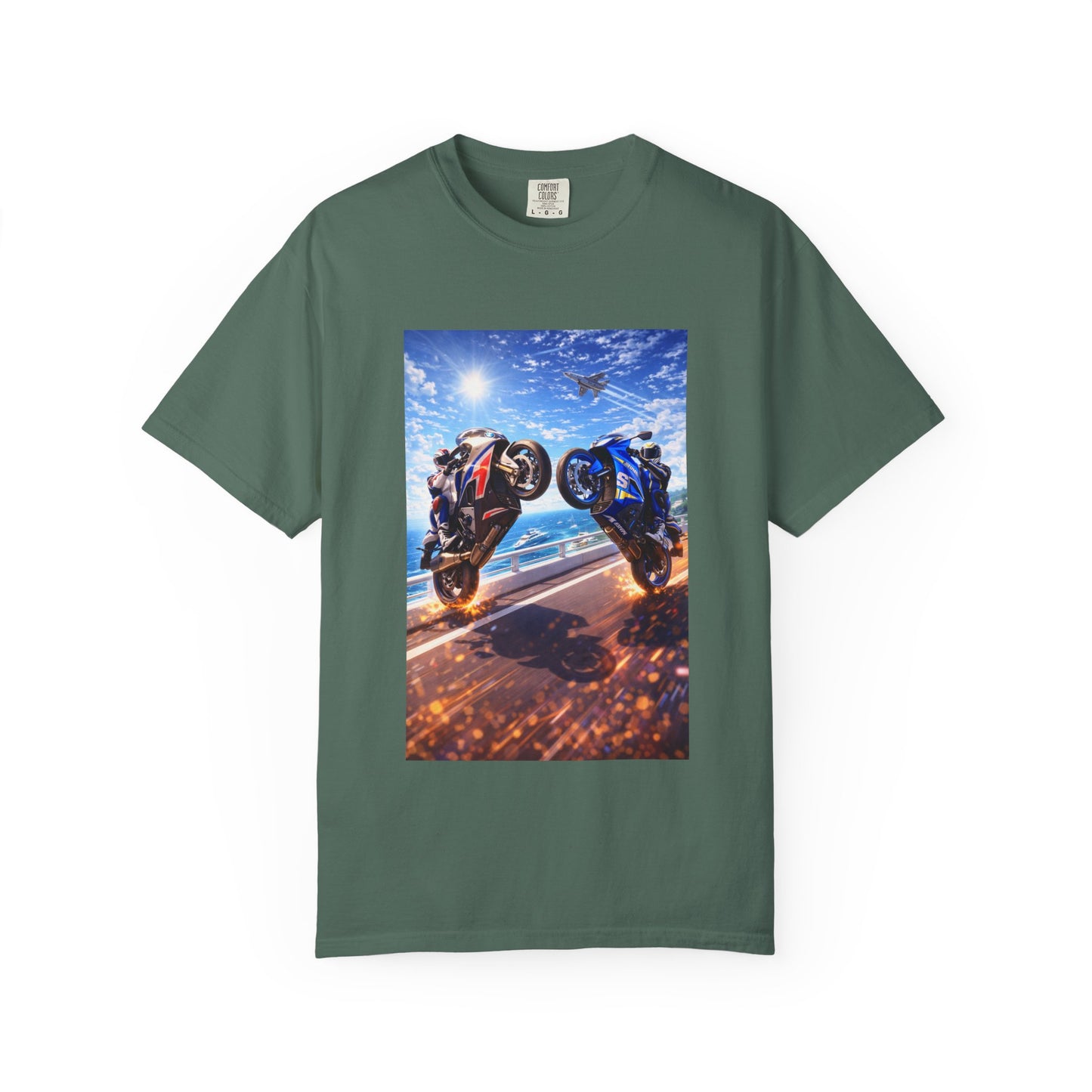 Stunt Riders Motorcycle T-Shirt — Two Bike Wheelie Racing Graphic Tee