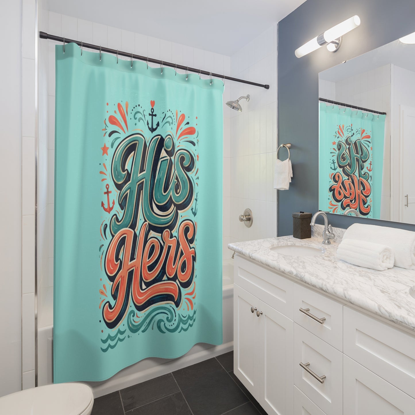 Deep Blue Duo Shower Curtain – His & Hers Teal Anchor Bathroom Decor
