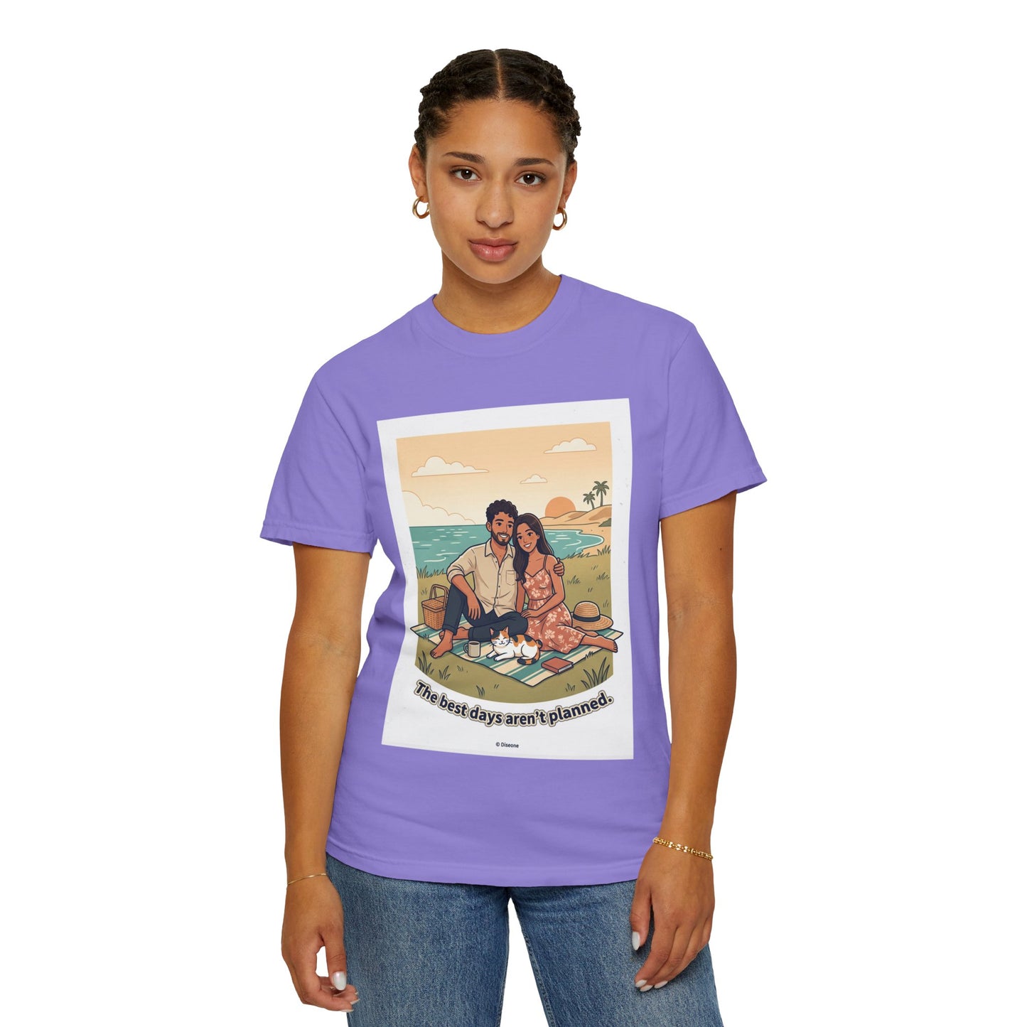 Beach Picnic Couple T‑Shirt — “The best days aren’t planned.” Relaxed Vacation Tee