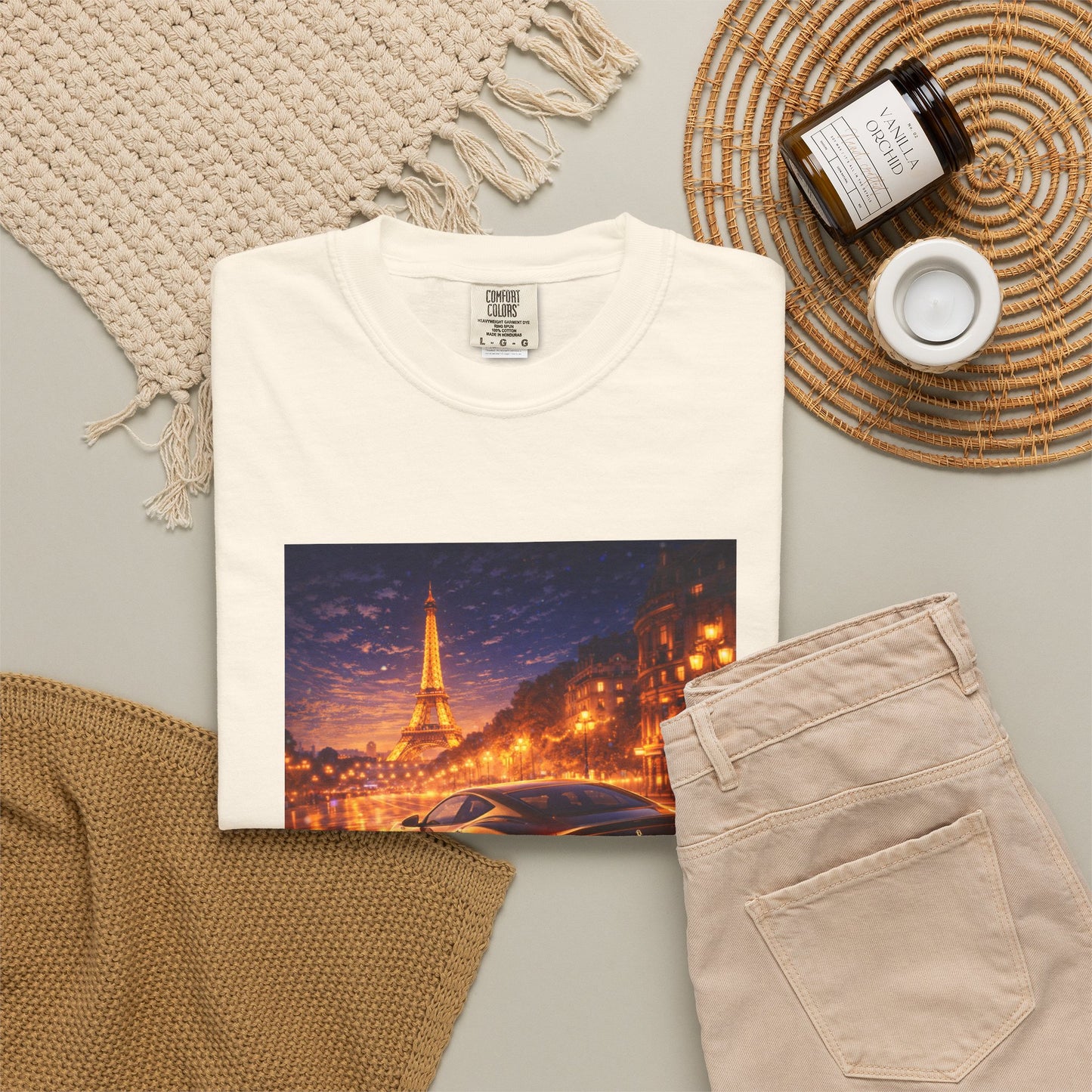 Paris Night Drive T-Shirt — Sports Car in Rainy Cityscape