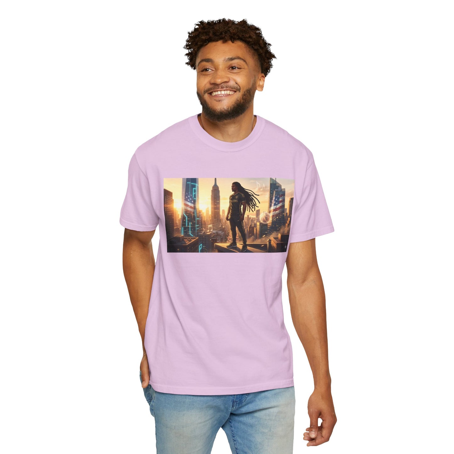 Cyberpunk Cityscape T-Shirt — Silhouette Hero at Sunset